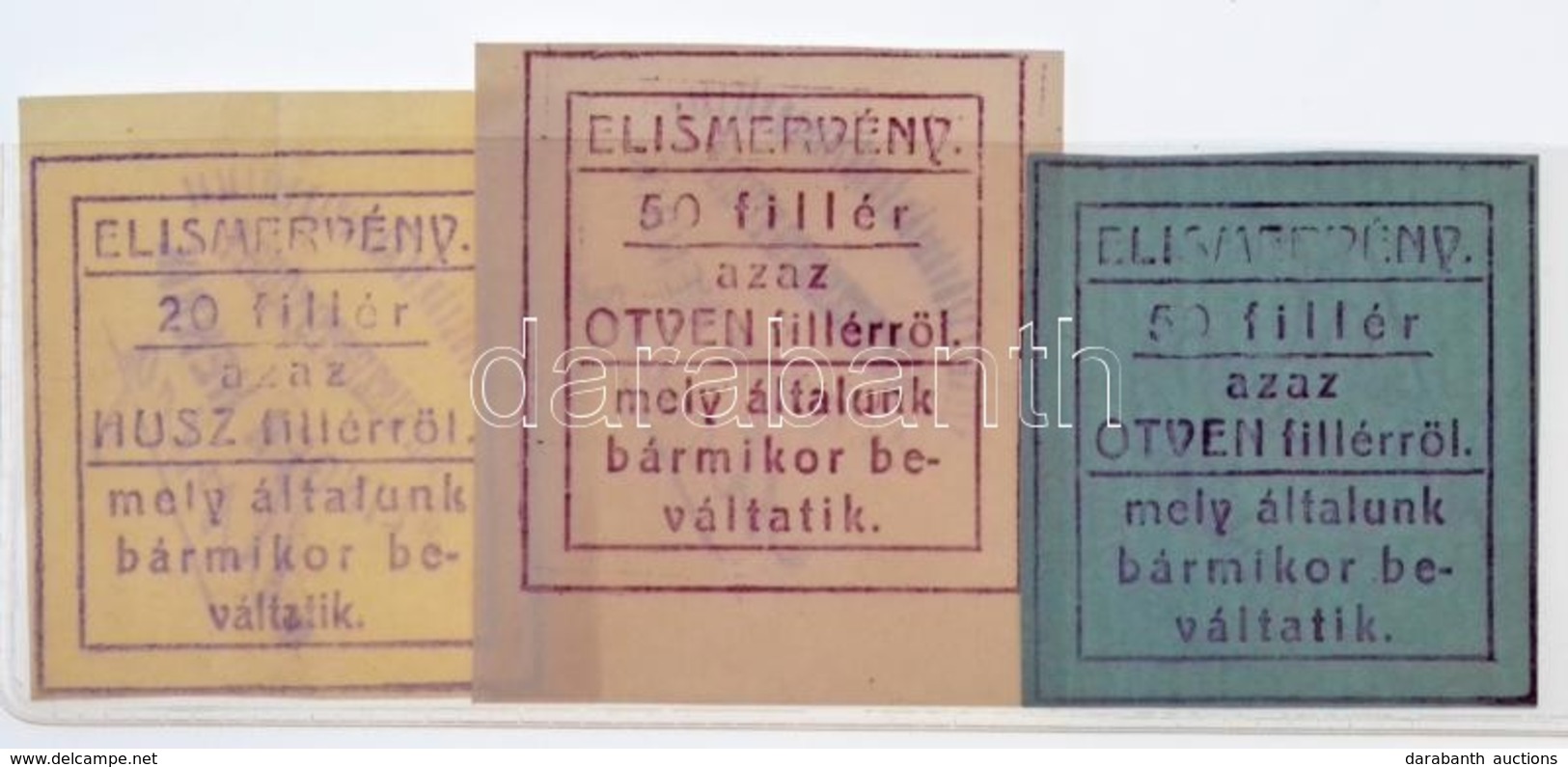 Sepsiszentgyörgy 1915-1916. 20f + 50f (2xklf) Elismervények, Mindhárom Hátoldalán 'Klinger Henrik' Felülbélyegzéssel T:I - Non Classificati