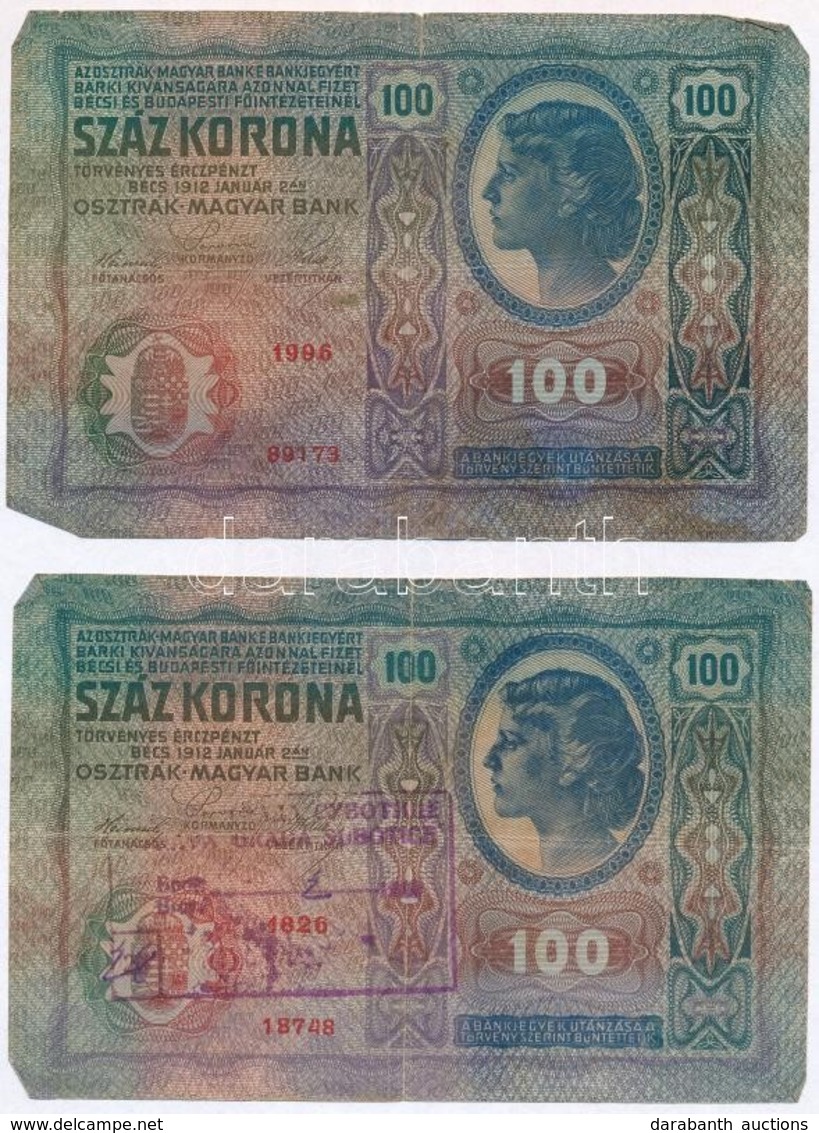 1912. 100K (2x) Egyik Szerb Felülbélyegzéssel T:III,III- - Non Classés