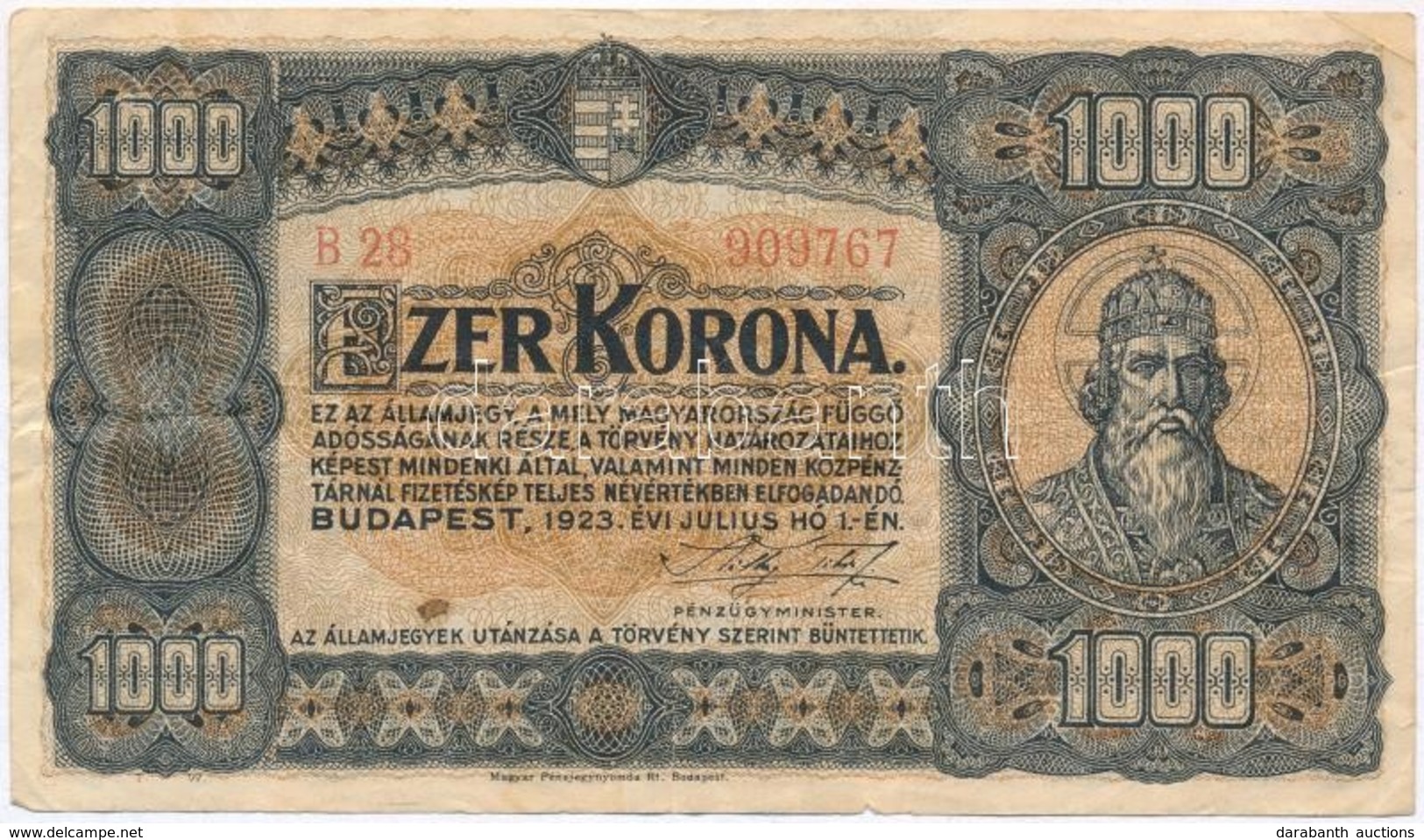 1923. 1000K 'Magyar Pénzjegynyomda R.t. Budapest' Nyomdahely Jelöléssel T:III - Ohne Zuordnung