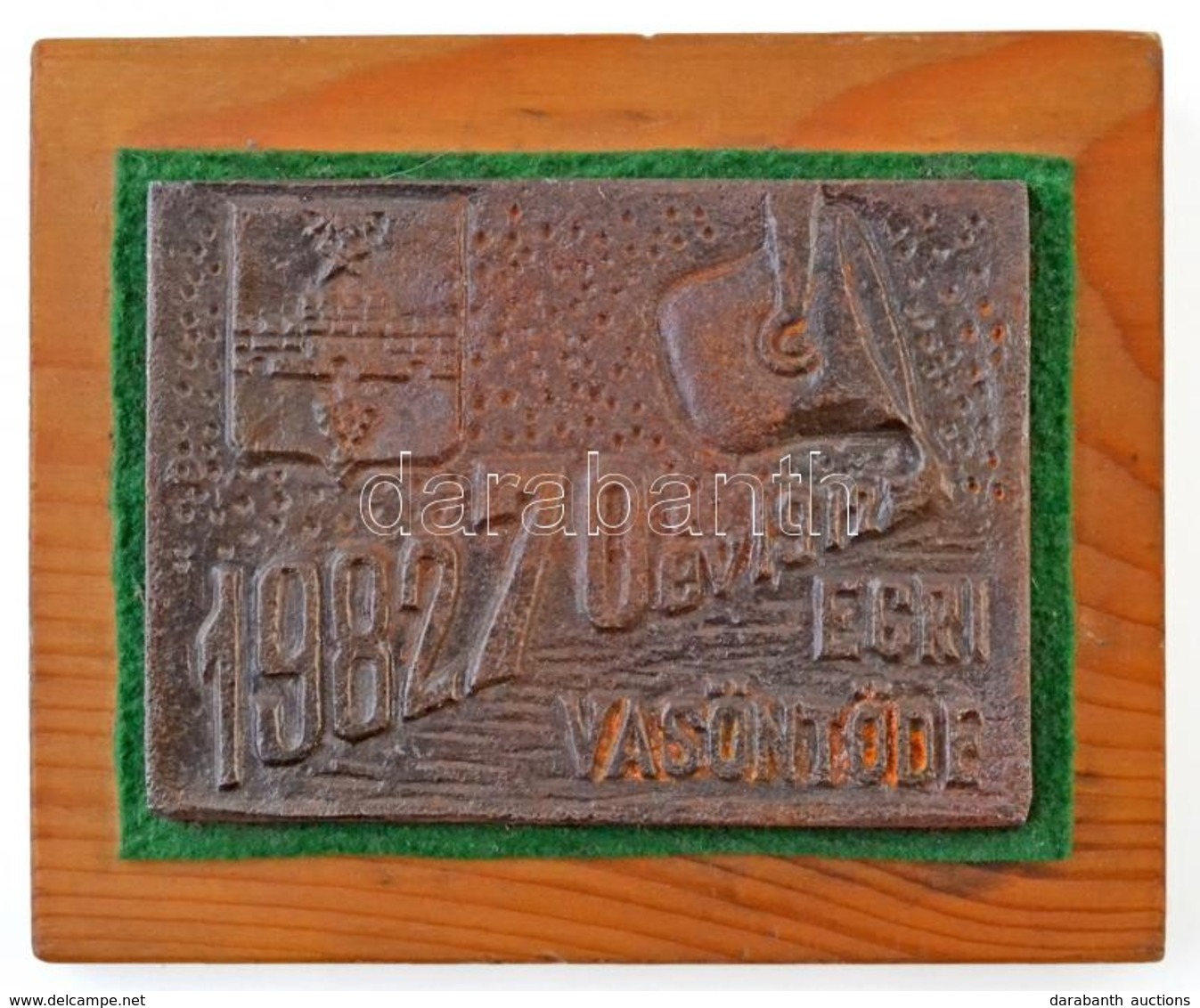 1982. '1912-1982 70 év Egri Vasöntöde' öntött Br Plakett Fa Talpon (111x81mm) T:2 - Non Classificati