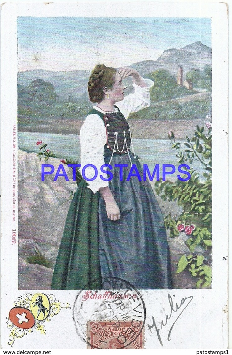 115552 SWITZERLAND SCHAFFHAUSEN HERALDRY & COSTUMES WOMAN CIRCULATED TO URUGUAY POSTAL POSTCARD - Hausen Am Albis 