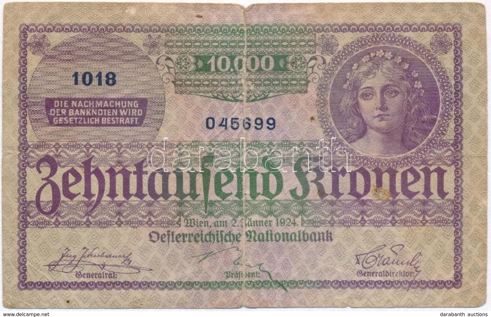 Ausztria 1924. 10.000K T:III- Szakadás, Ragasztás
Austria 1924. 10.000 Kronen C:VG Tear, Taped - Zonder Classificatie