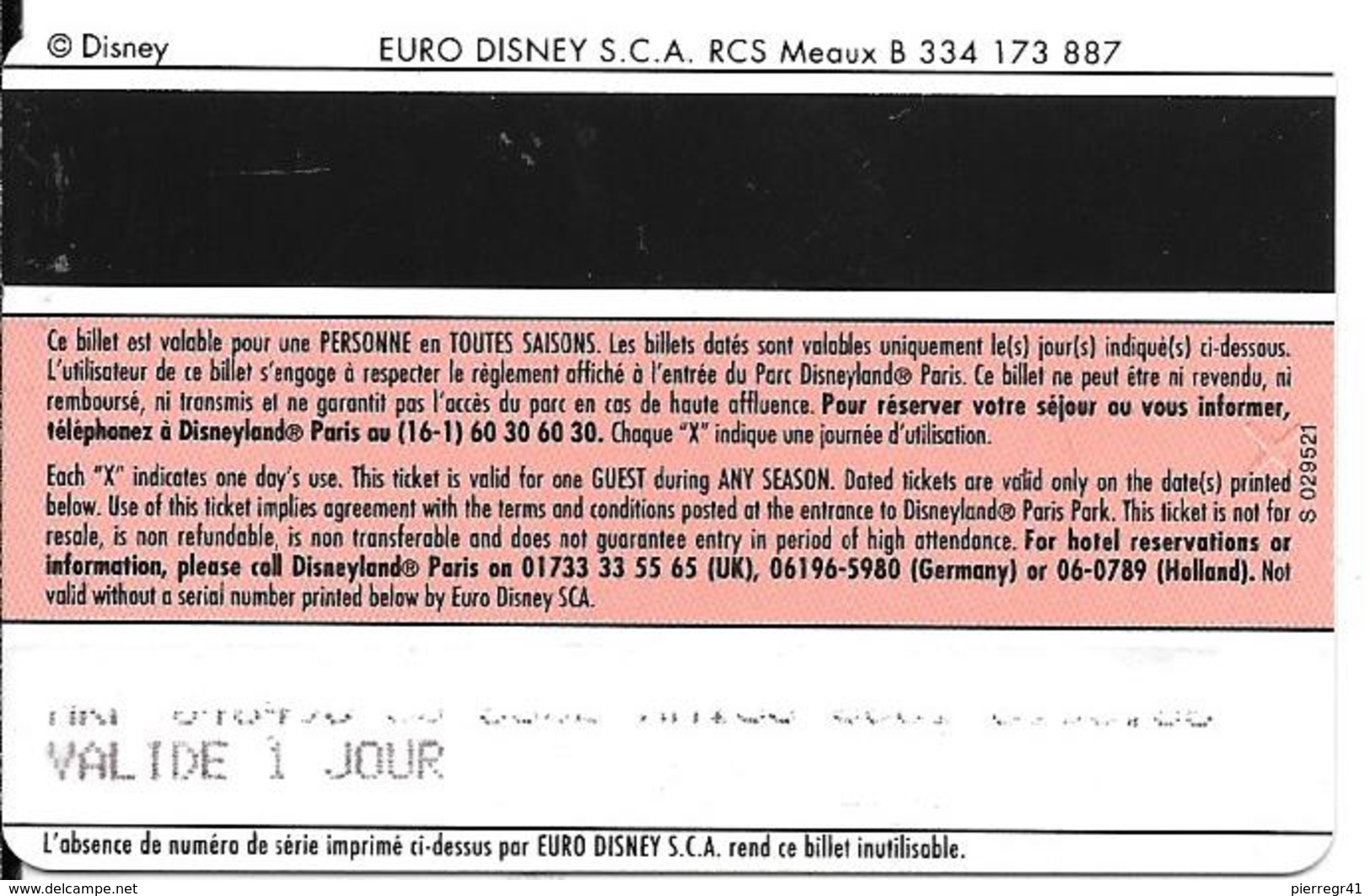 PASS-DISNEYLANDPARIS -1996-SPACE MOUNTAIN-FUSEE-ENFANT-V° N° S 029521- A Droite Vertical- VALIDE  1 JOUR-TBE - Disney-Pässe