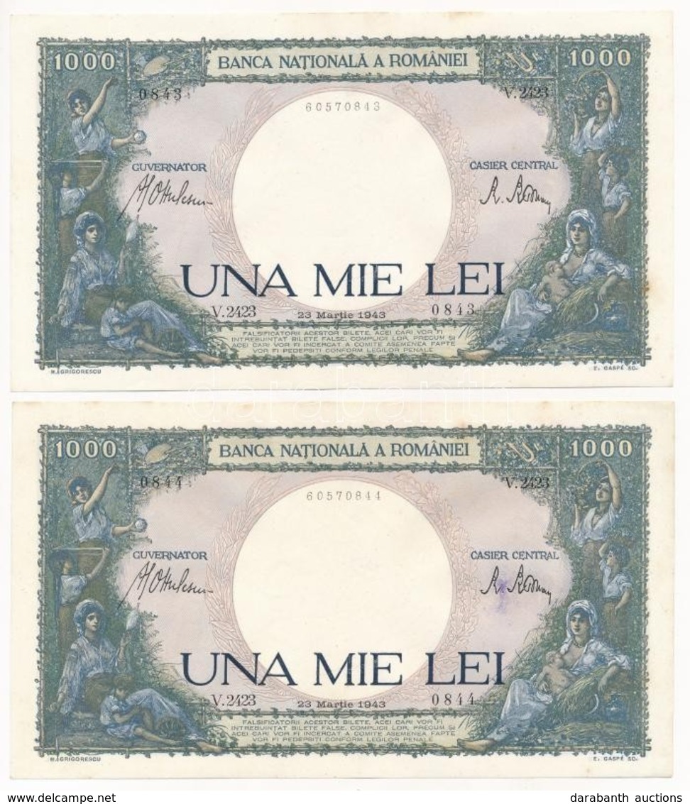 Románia 1943. 1000L (2x) Sorszámkövetők T:I,I-
Romania 1943. 1000 Lei (2x) Sequential Serials C:UNC,AU - Non Classificati