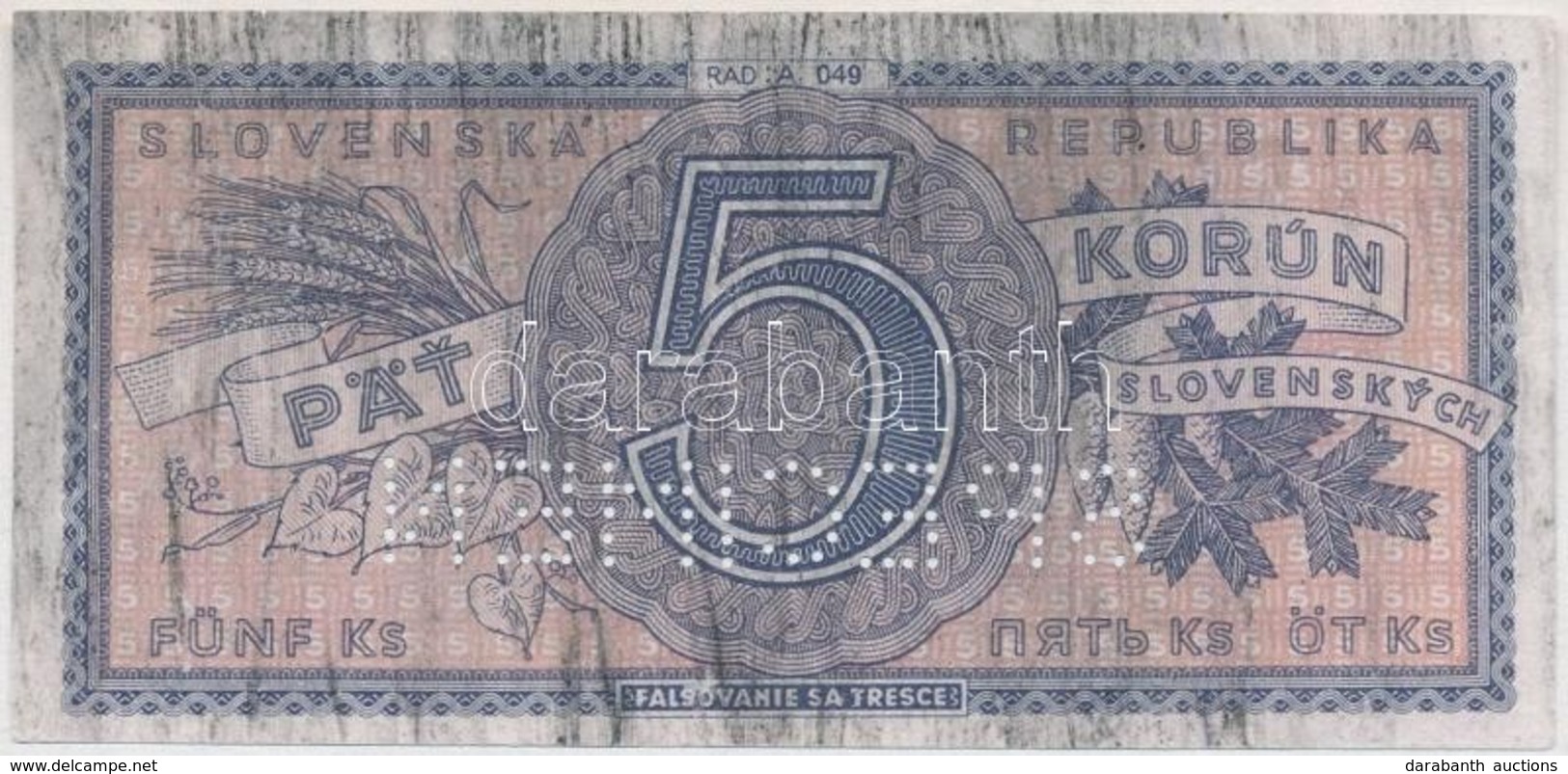 Szlovákia 1945. 5K Minta Perforációval T:III,III-
Slovakia 1945. 5 Korun Specimen With Perforation C:F, VG - Non Classificati