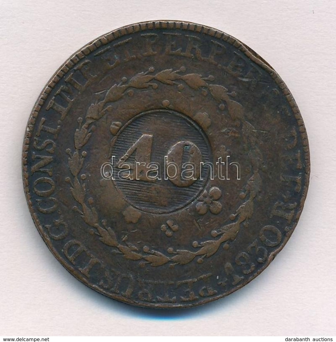 Brazília 1835. 40R Cu Ellenjegyes érme T:2-,3 Ph.
Brazil 1835. 40 Reis Cu Countermarked Coin C:VF,F Edge Error - Non Classés