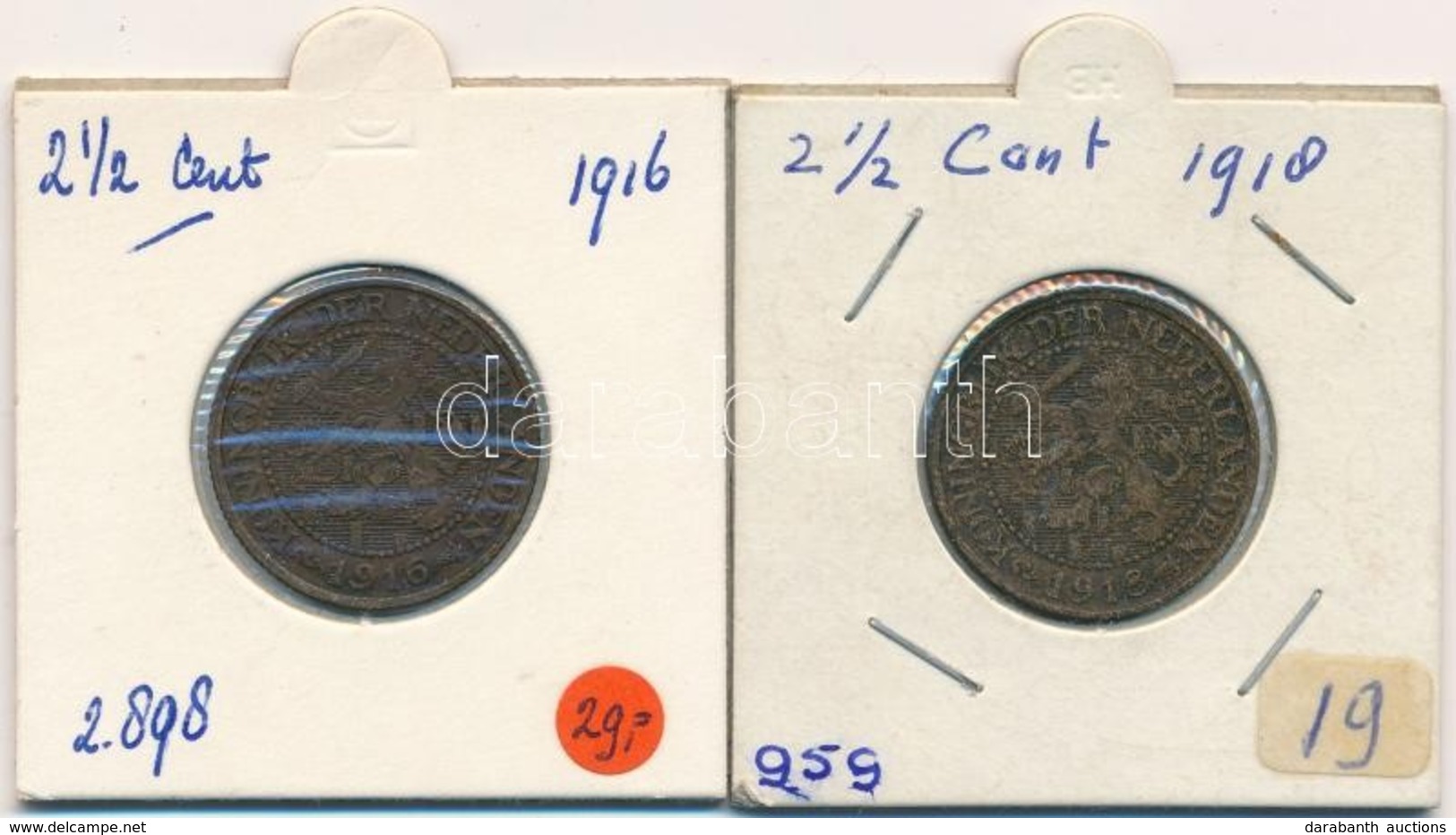 Hollandia 1916-1918. 2 1/2c Br (2x) T:2,2- Patina 
Netherlands 1916-1918. 2 1/2 Cents (2x) Br C:XF,VF Patina
Krause KM#1 - Non Classés