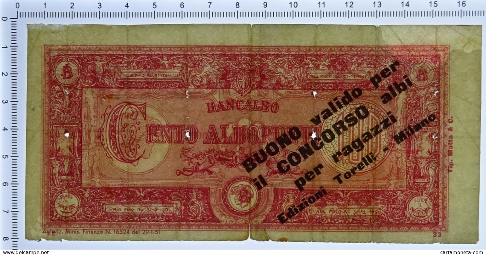 100 ALBOPUNTI BANCALBO BUONO PER IL CONCORSO ALBI PER RAGAZZI 29/01/1951 MB/BB - [ 7] Fautés & Variétés