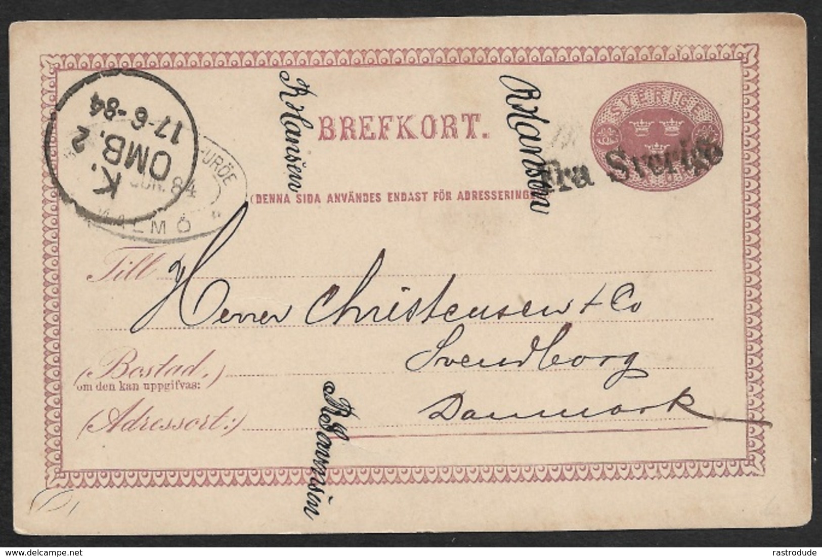 1884 Schweden Schiffspost Gz Mi.P7 - FRA SVERIGE Nach DÄNEMARK - Entiers Postaux