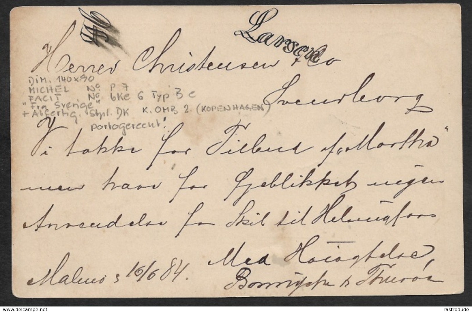 1884 Schweden Schiffspost Gz Mi.P7 - FRA SVERIGE Nach DÄNEMARK - Ganzsachen