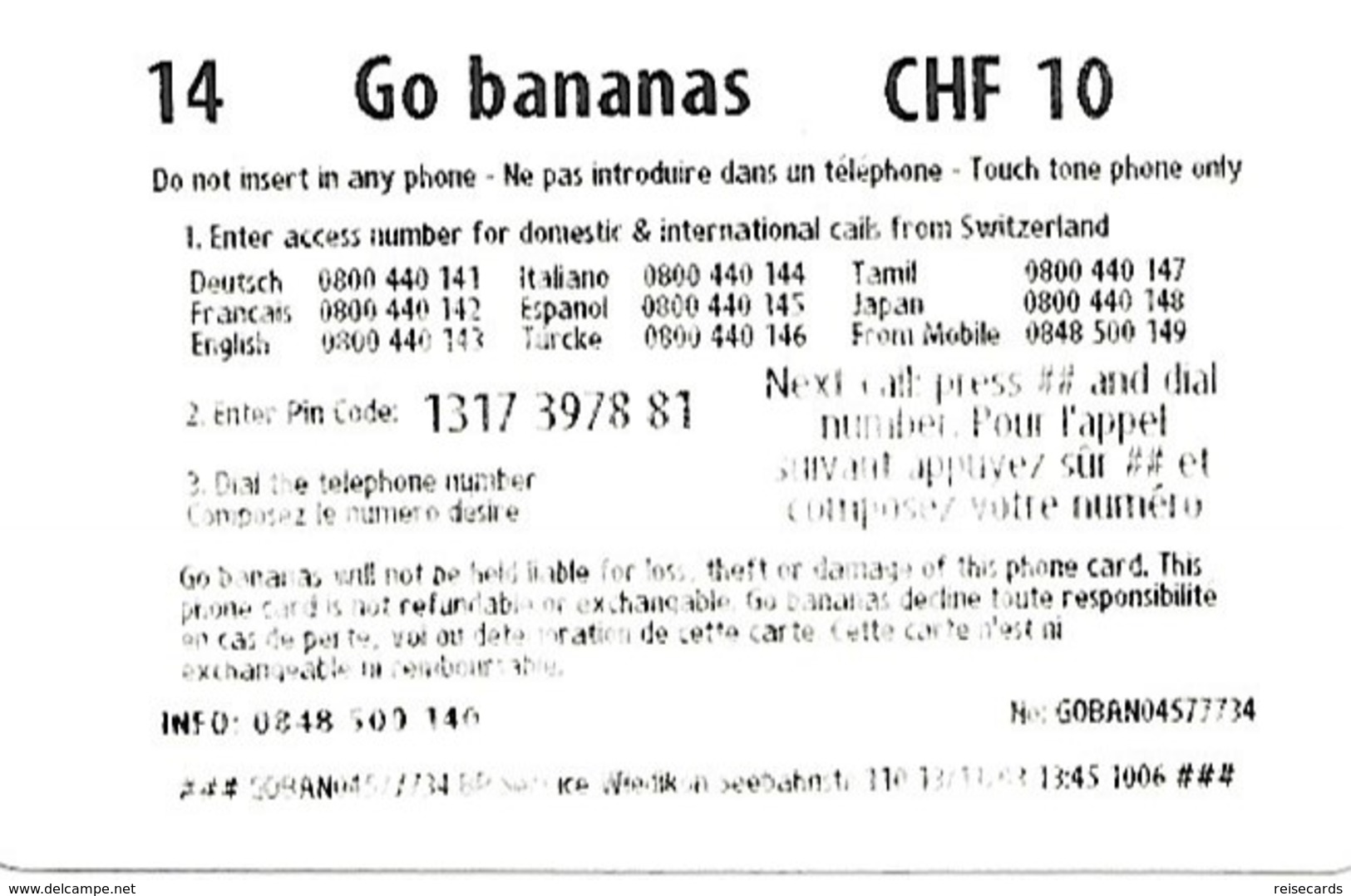 Prepaid: Go Bananas - BP Service Wiedikon - Schweiz