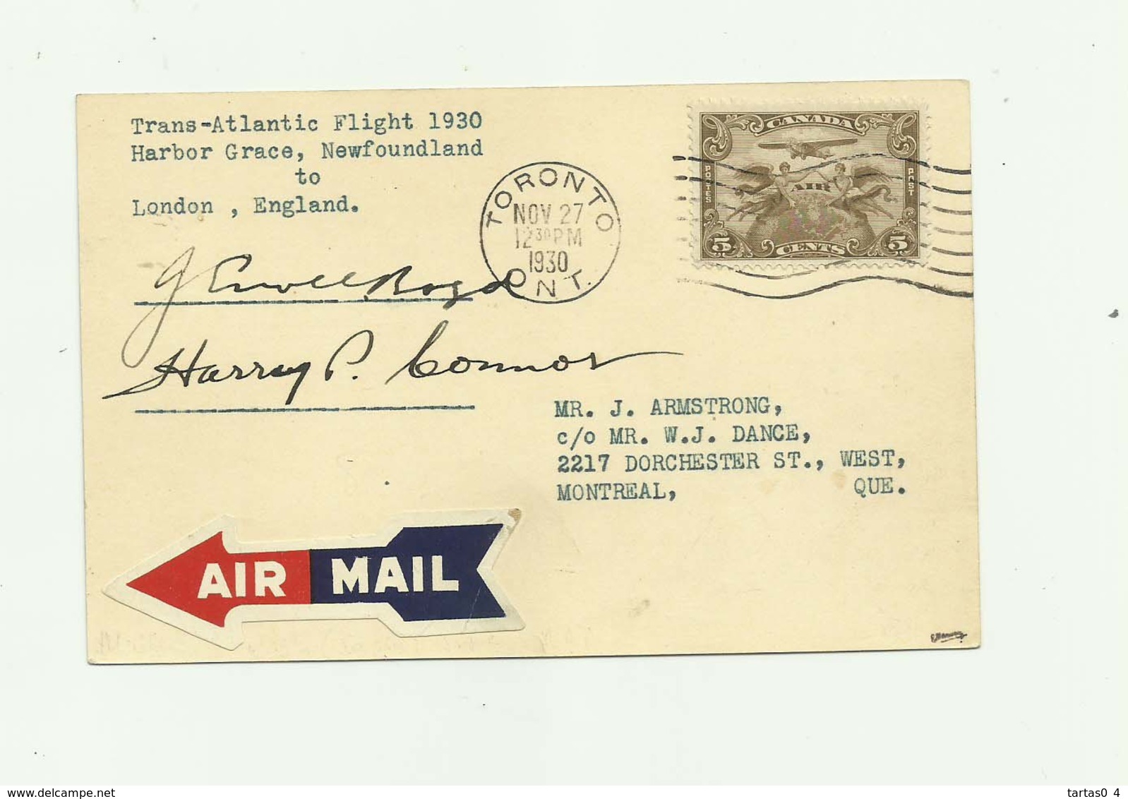 CANADA - Carte Lettre 3 Cents Marron Air Mail Trans Atlantic Flight 1930 Harbor Grace Newfoudland  Signatures  Pilotes - Cartas & Documentos