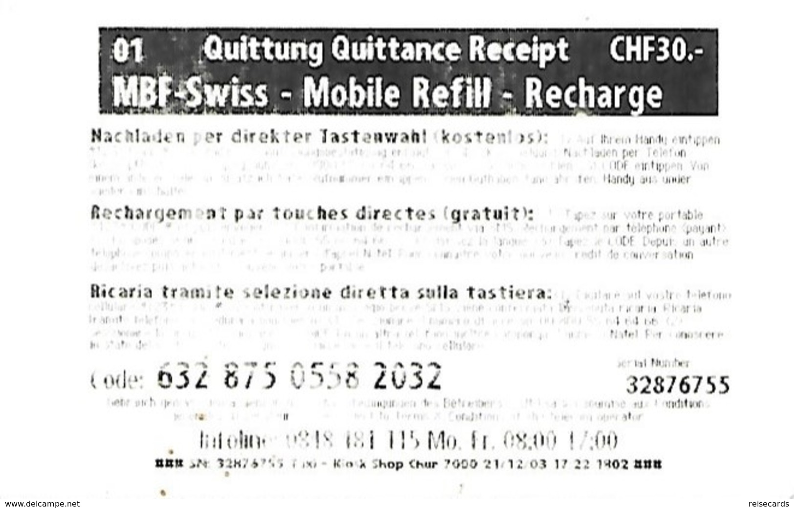 Mobile Recharge: MBF-Swiss - Kiosk-Shop Rosamilia - Schweiz