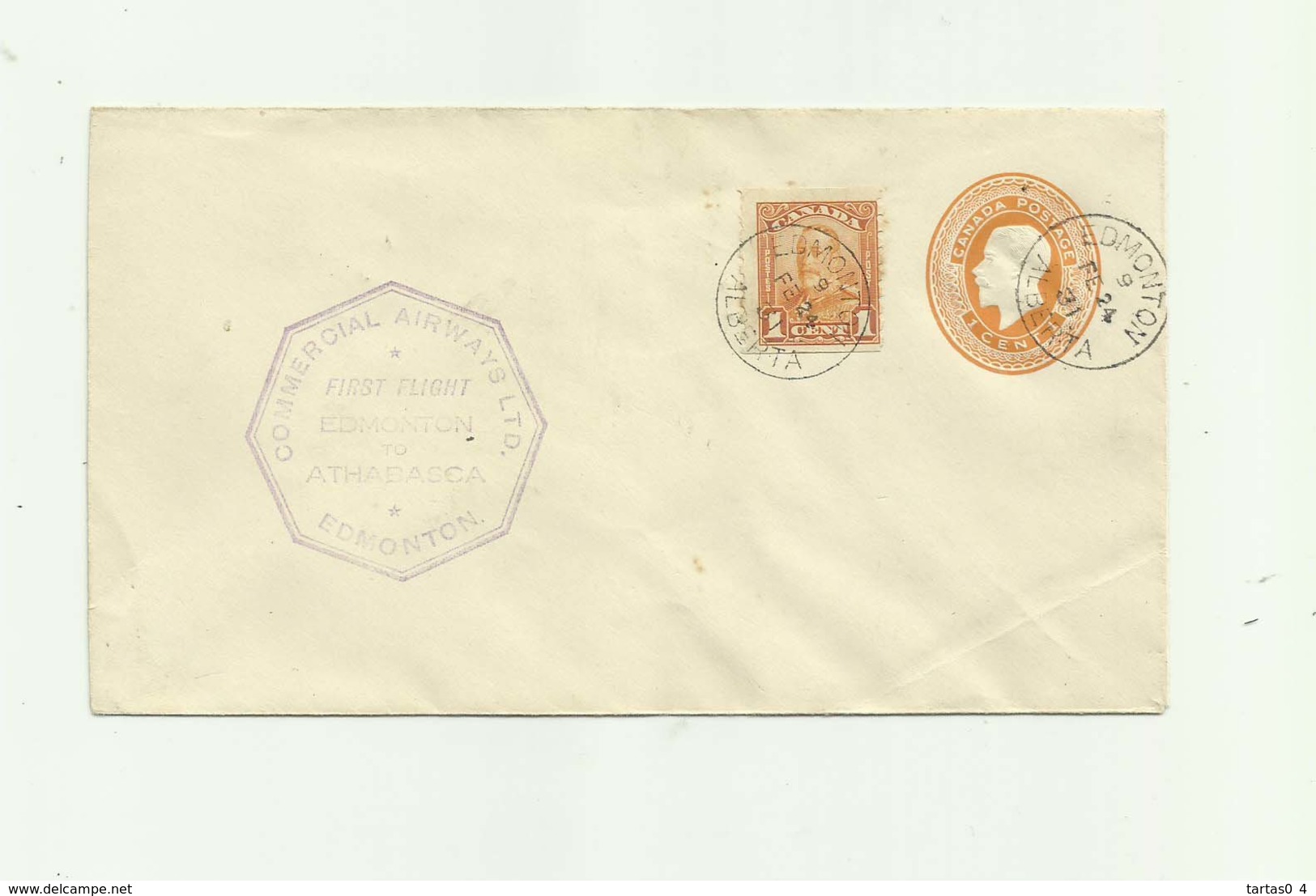 CANADA -  Entier Postal 1 Cent Orange + Timbre 1 Cent Orange Cachet Commercial Airways Ltd Vignette Dos - Cartas & Documentos