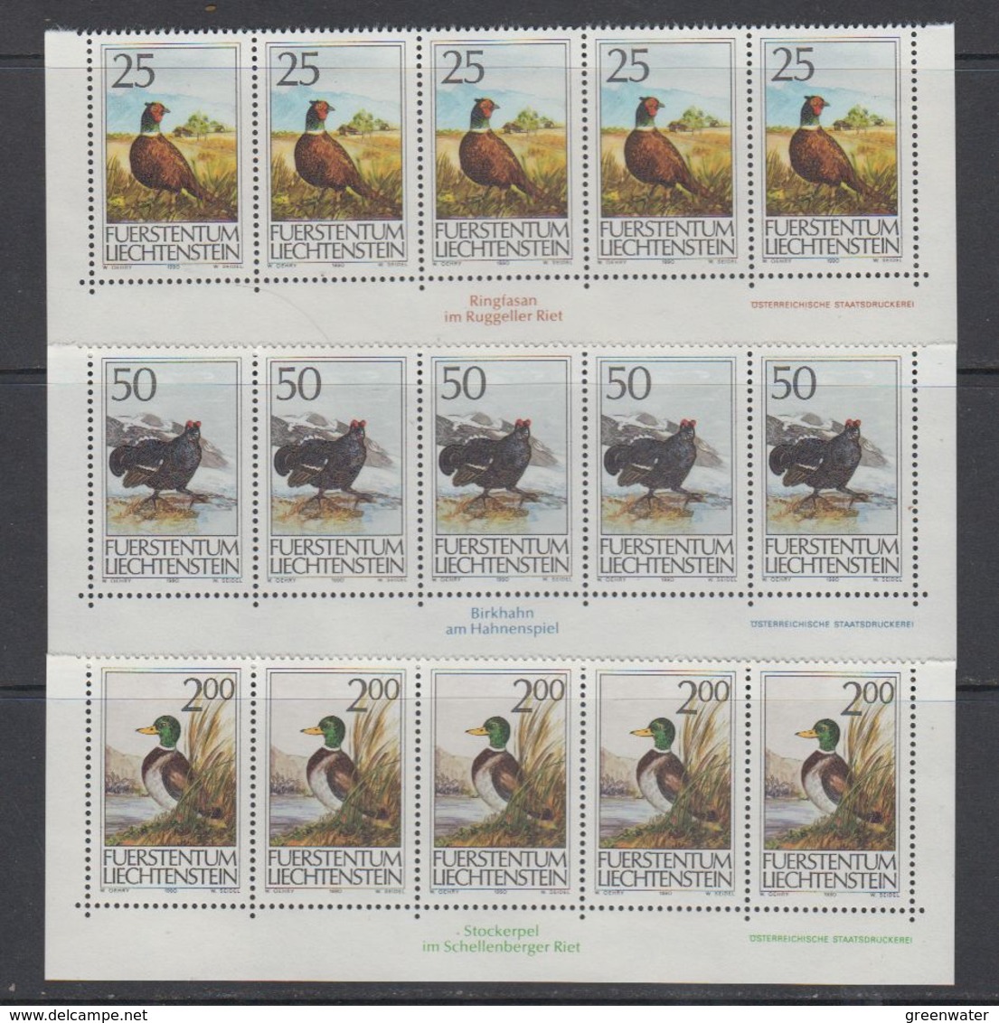 Liechtenstein 1990 Birds & Ducks 3v Strip Of 5 ** Mnh (43454) - Ongebruikt