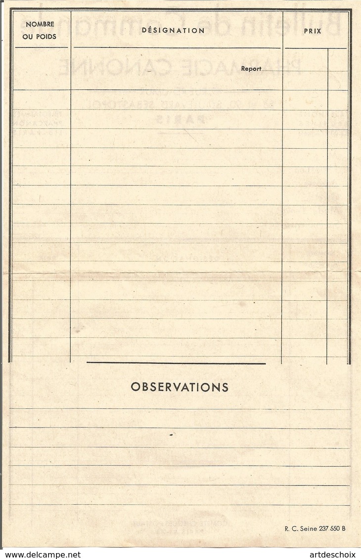 Ancien Bon De Commande - Pharmacie Canonne - Paris - RAN - Publicités