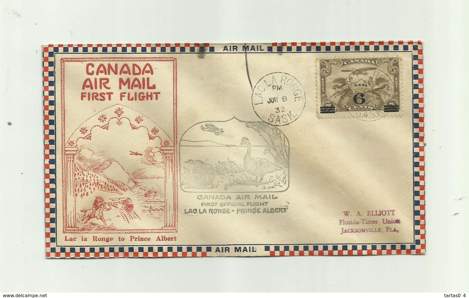 CANADA - Lettre  Timbre 5 Cents Marron Surchargé 6 Cents Canada Air Mail First Flight Cachet Lac La Ronge  Prince Albert - Cartas & Documentos