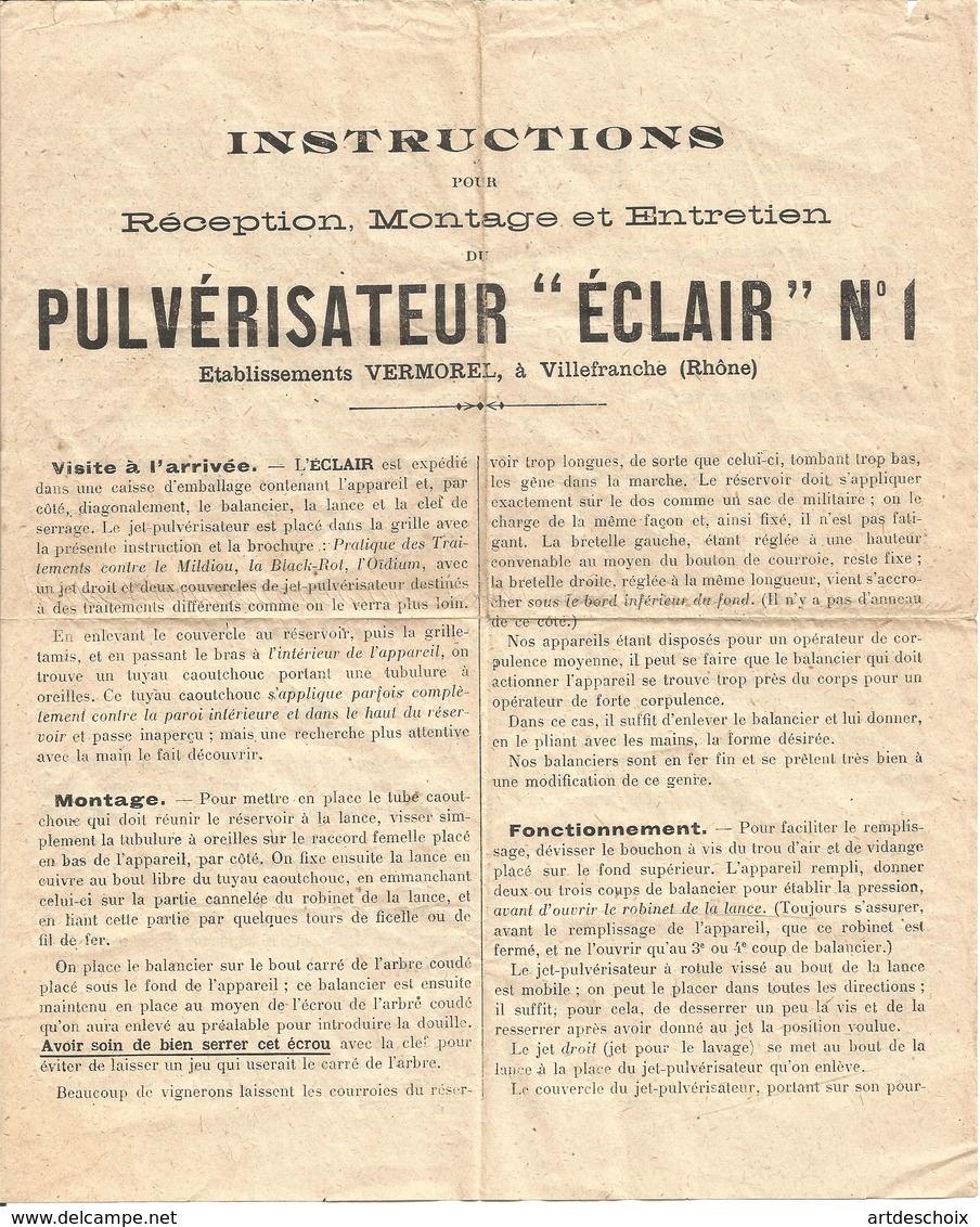 Ancienne Notice - Pulverisateur "éclair" N°1 - Vermorel - RAN - Zonder Classificatie