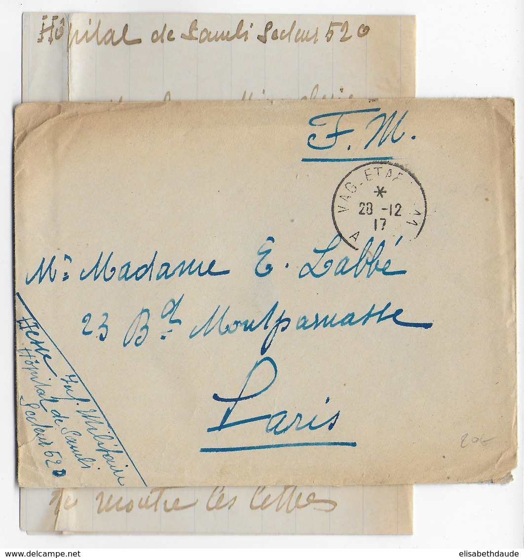 1917 - ARMEE D'ORIENT - CACHET VAGUEMESTRE D'ETAPES AAO 11 - ENV. FM De L' HOPITAL Du SP 520 à MONASTIR (MACEDOINE) - Guerre De 1914-18