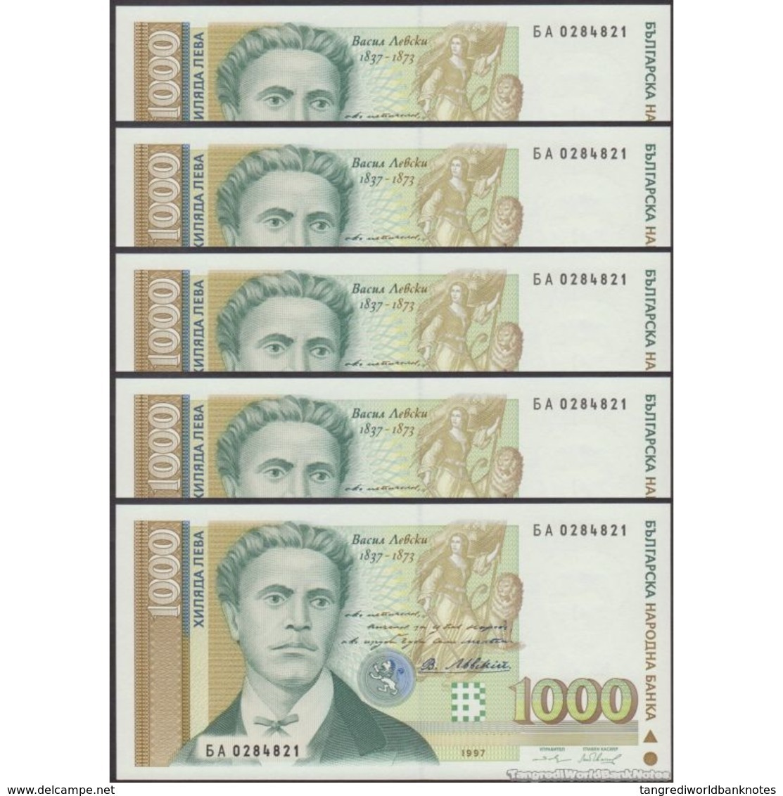 TWN - BULGARIA 105b - 1000 1.000 Leva 1997 DEALERS LOT X 5 - Prefix БA﻿ UNC - Bulgaria