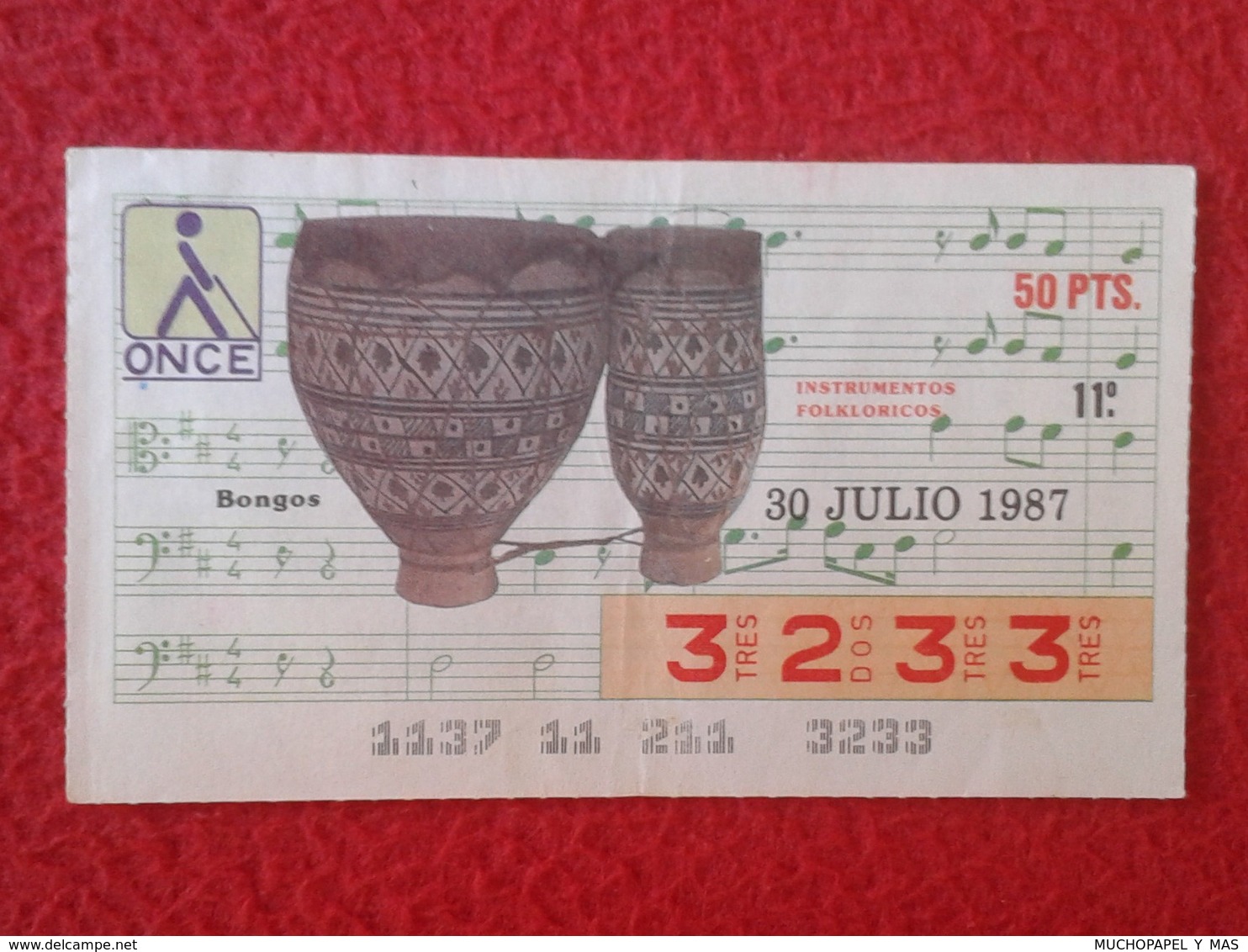 CUPÓN DE LA ONCE SPANISH LOTTERY CIEGOS SPAIN LOTERÍA ESPAÑA BLIND 1987 MUSICAL INSTRUMENTS MUSIC MÚSICA BONGOS TAMBORES - Billetes De Lotería