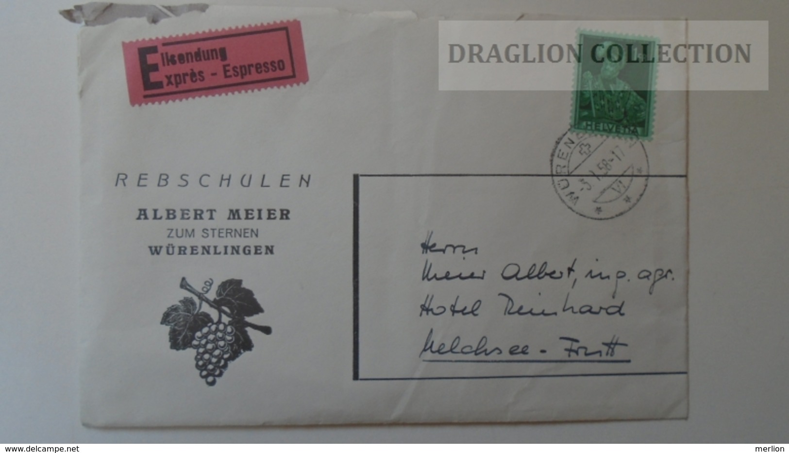 ZA212.38  Switzerland  Cover - Albert Meier - Zum Sternen Restaurant - WÜRENLINGEN --1958 -Expres - Storia Postale