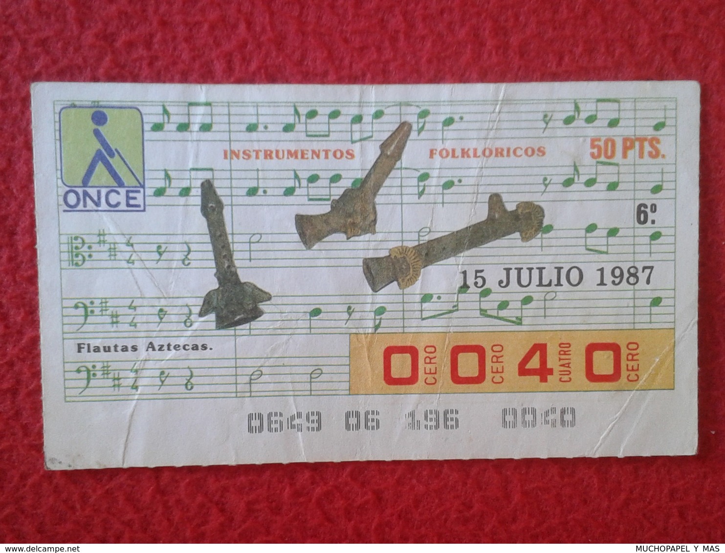 CUPÓN DE ONCE LOTTERY LOTERIE CIEGOS SPAIN LOTERÍA ESPAÑA INSTRUMENT MUSIC 1987 FLAUTAS AZTECAS AZTEC FLUTE FLUTES VER F - Billetes De Lotería