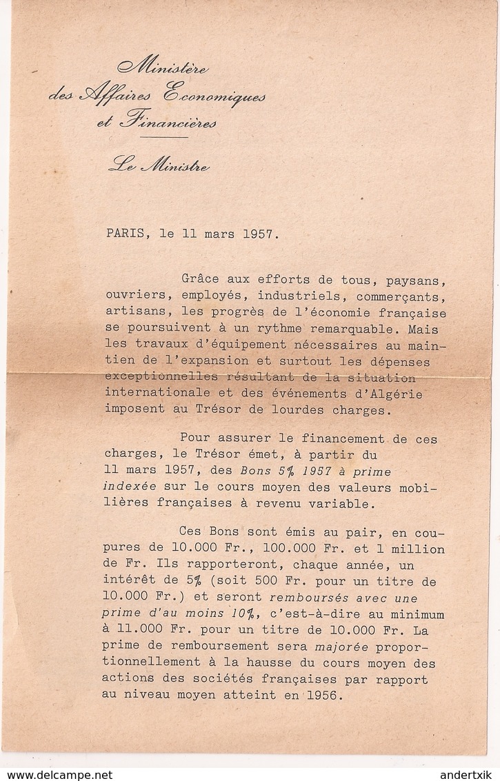 Francia, Doc MINISTRO, Paris 1957 - Decretos & Leyes