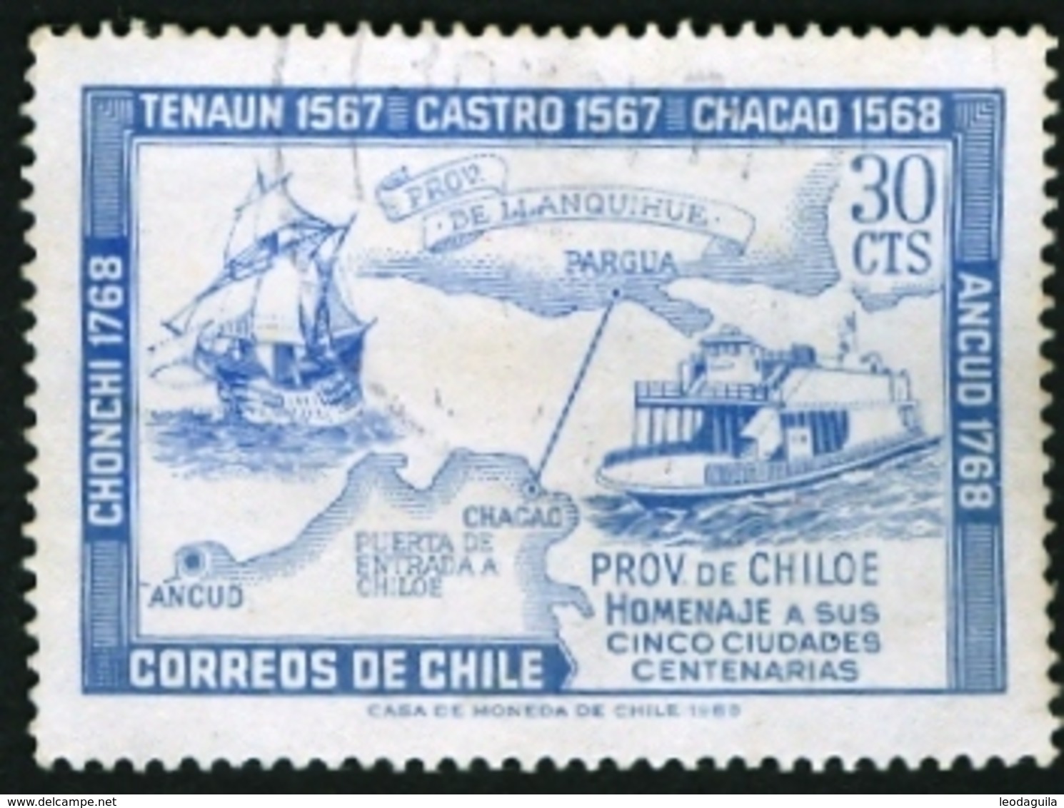 CHILE # 371 Founding Of Chiloé Province 1968 - Tall Ship - River Boat  - Map - USED  VERY FINE - Chile