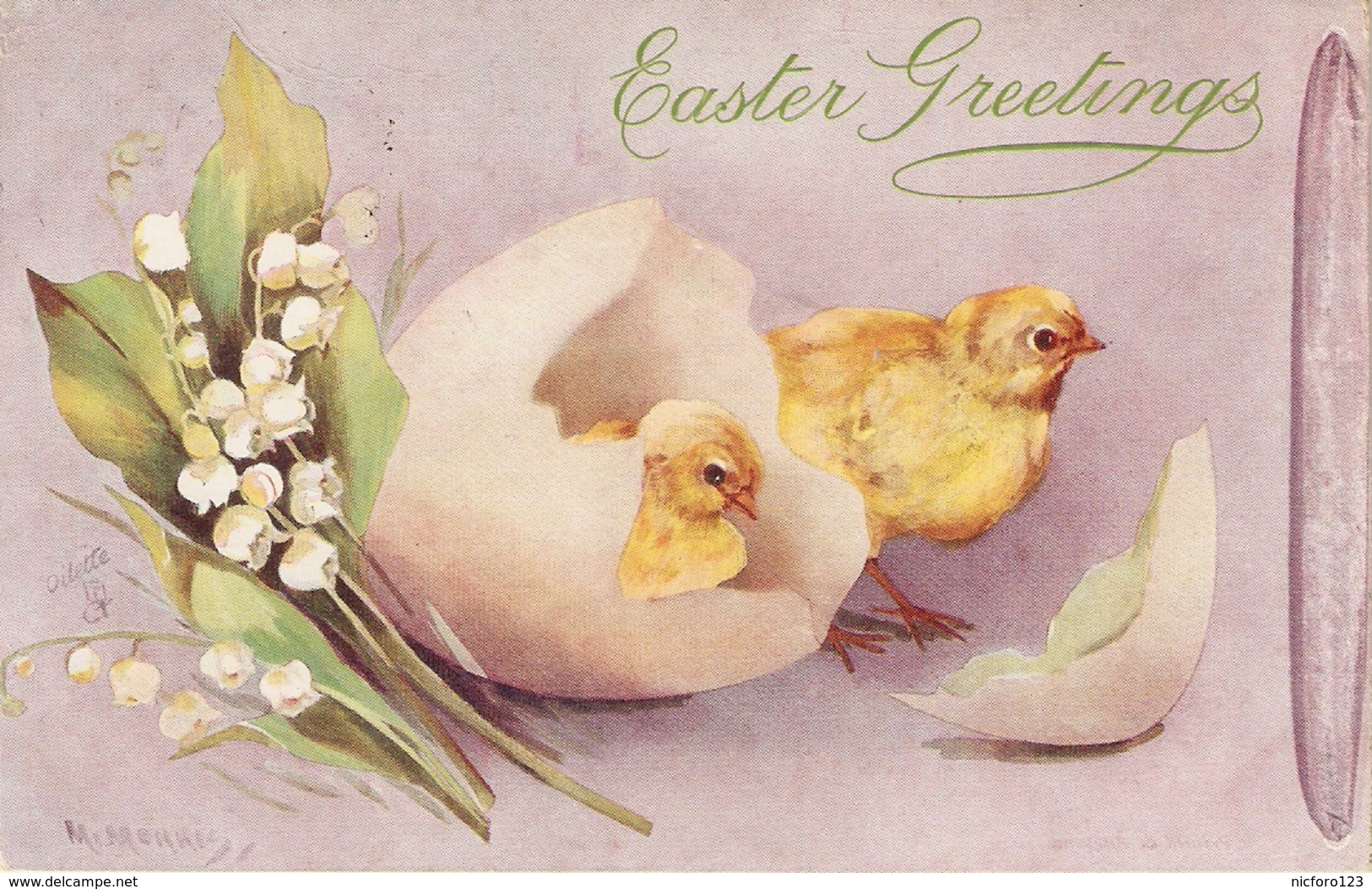 M.Morris. "Chicks.Egg. Flowers" TuckOilette Aster Greetings Ser. PC # 2326 - Tuck, Raphael