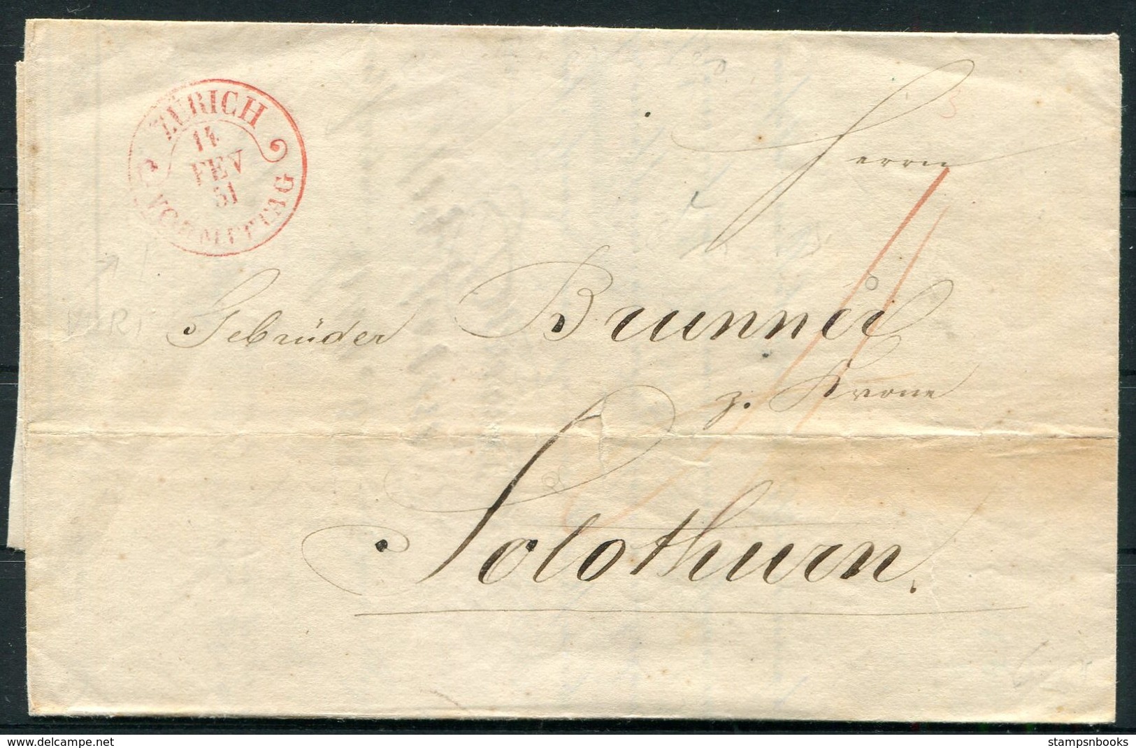 1851 Switzerland Zurich Entire - 1843-1852 Timbres Cantonaux Et  Fédéraux