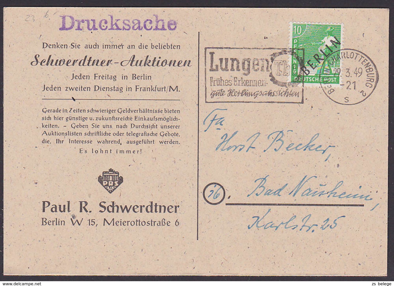 Berlin-Charlottenburg, 10 Pfg. Schwarz-Aufdruck, MiNr. 4 Karte MWSt. Lungen TBC Frühes Erkennen 29.3.49 - Brieven En Documenten