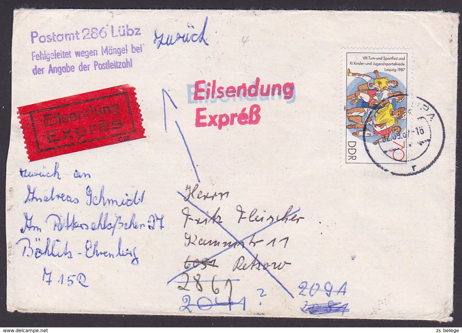 DDR Stempel-Kuriosum Eil-Brief  Mit Zurück-Vermerk Und Zig-Durchgangsstempel Auf Der Rückseite 1987, Postamt Lübz - Altri & Non Classificati