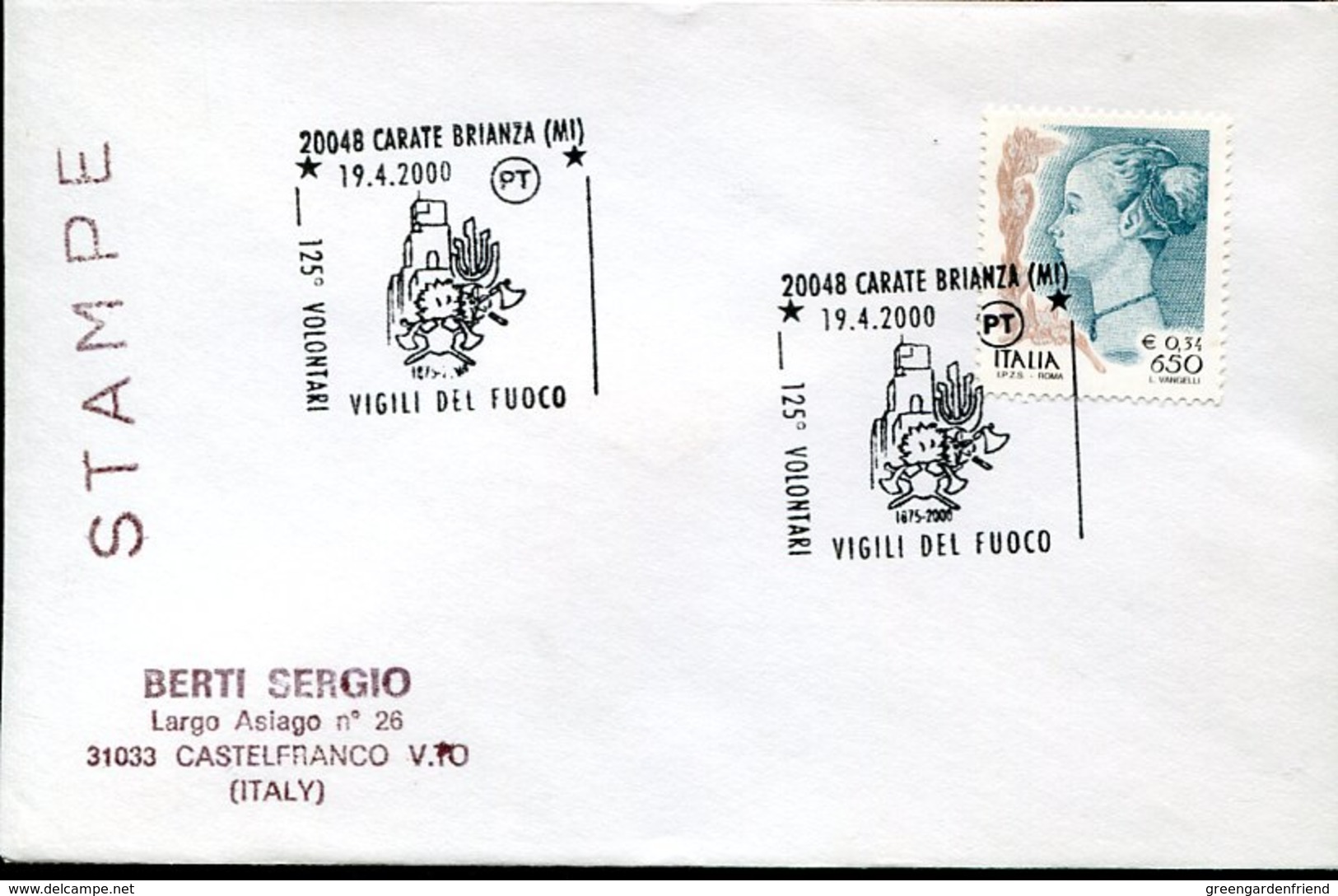 46128 Italia,  Cover With Special Postmarks, Carate Brianza 2000, Pompieri, Feuerwehr,fireman,pompiers - Pompieri