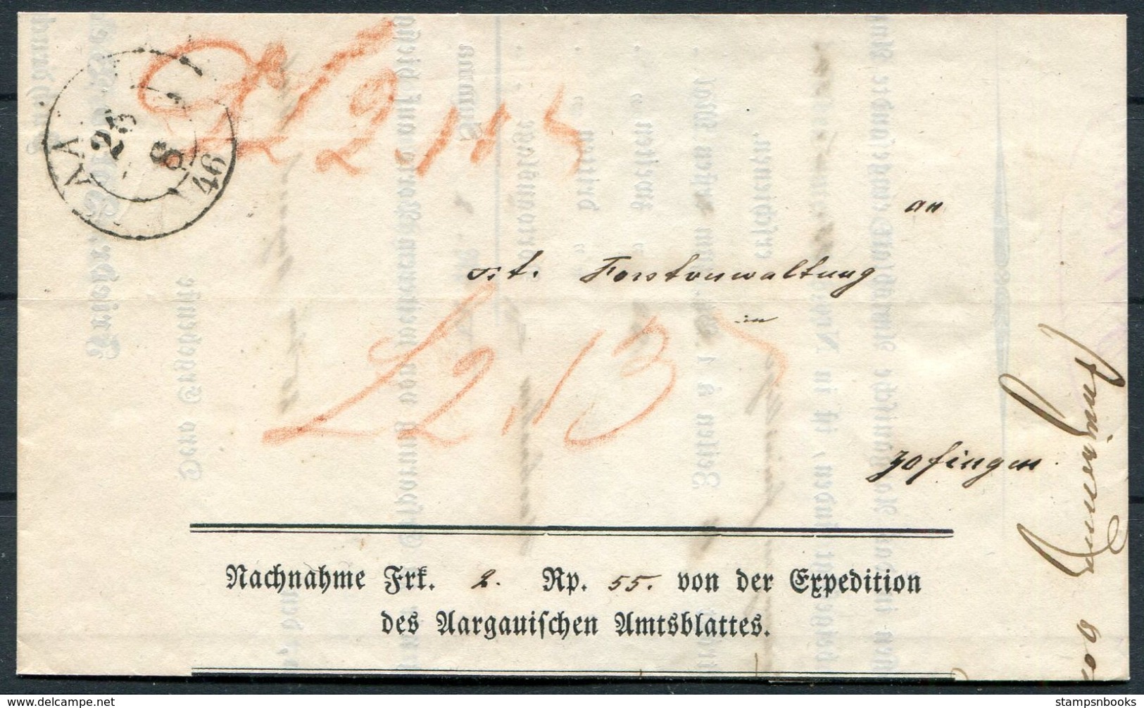 1846 Switzerland Aarau Nachnahme Wrapper - ...-1845 Prephilately