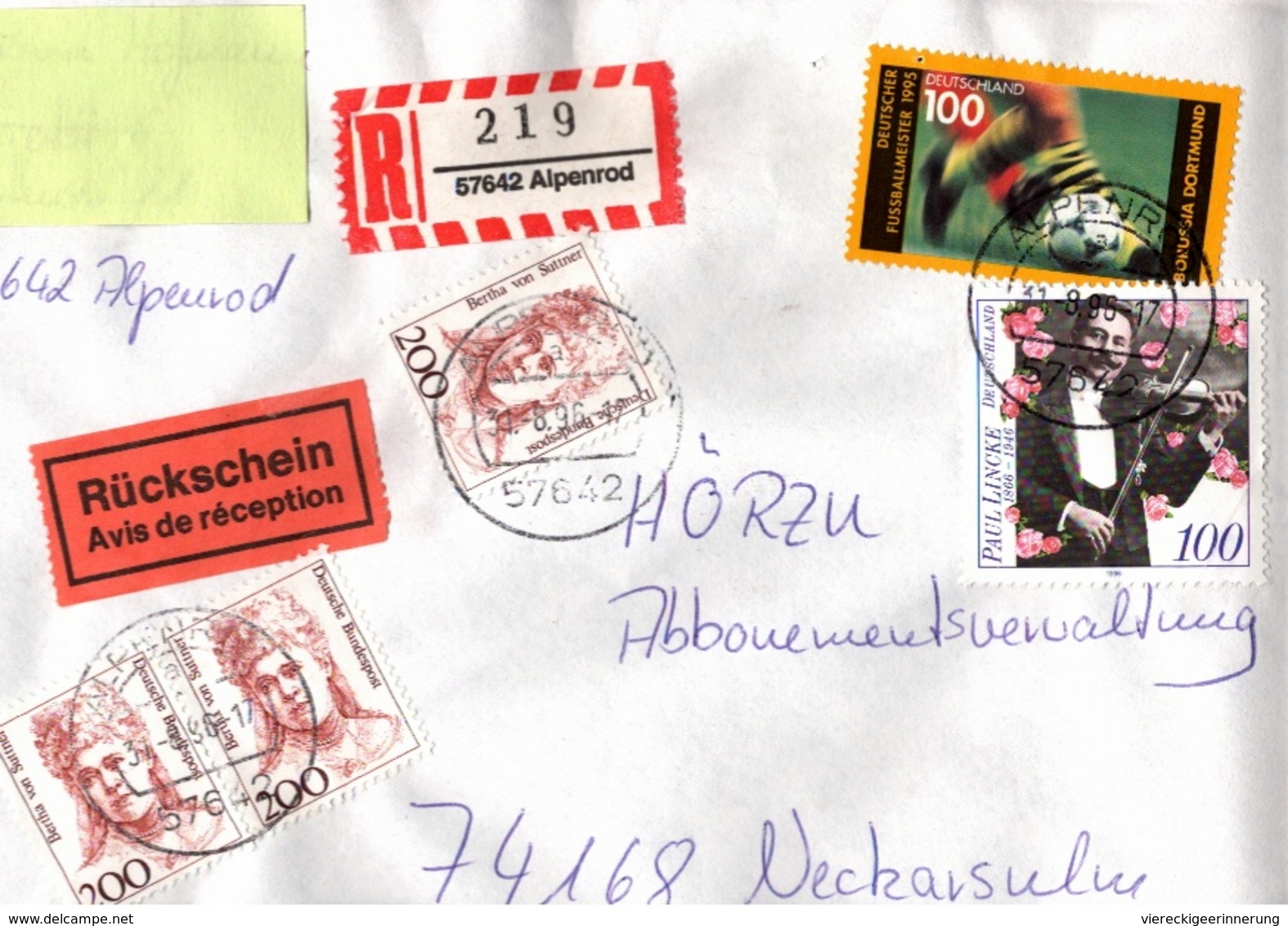 ! 1 Einschreiben Rückschein 1996 Mit R-Zettel  Aus Alpenrod, 57642 - Etiquettes 'Recommandé' & 'Valeur Déclarée'