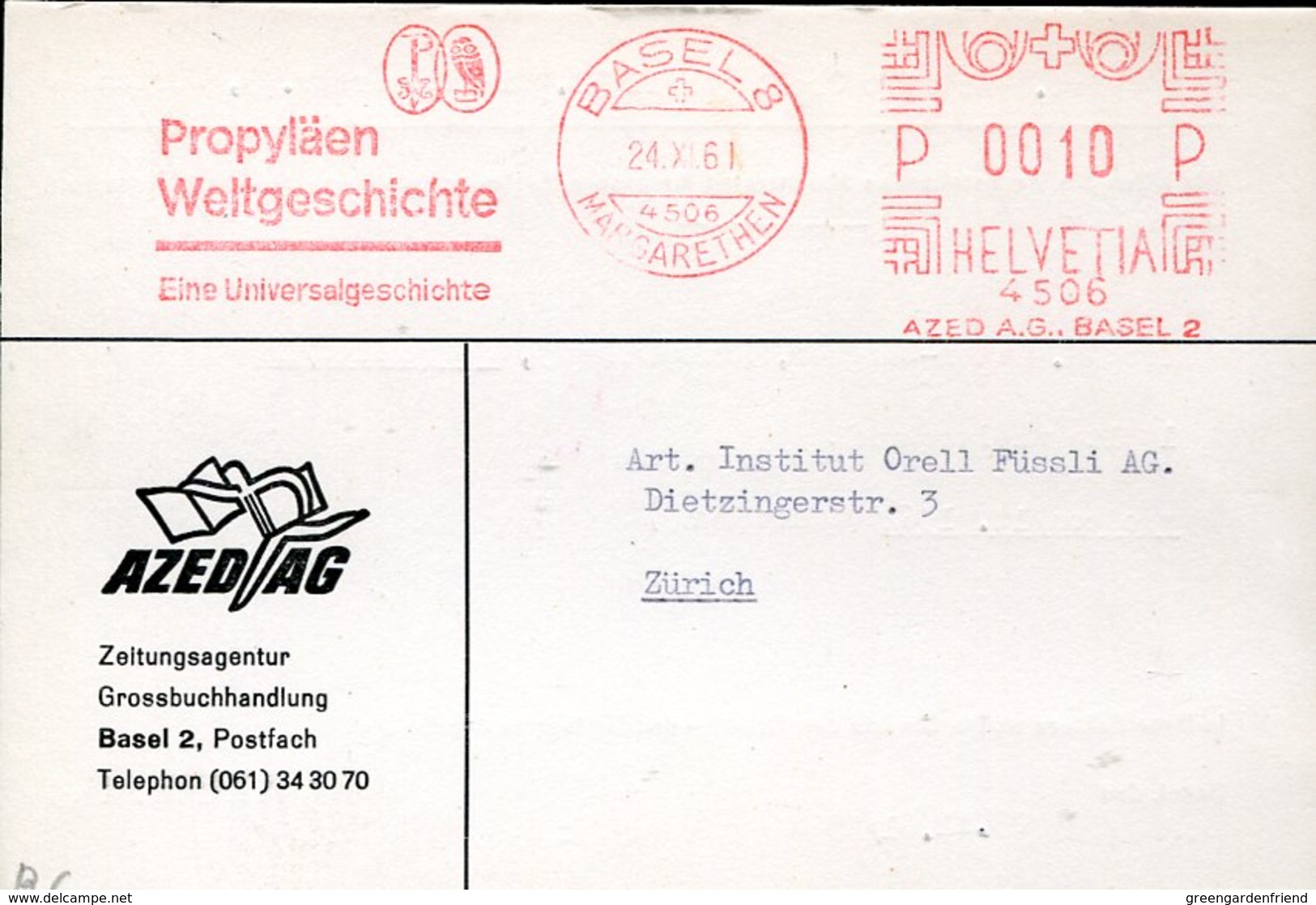 46140 Switzerland, Red Meter Freistempel Ema, 1961 Basel, Propylaen, Showing A Owl, Hibou, Eule - Owls