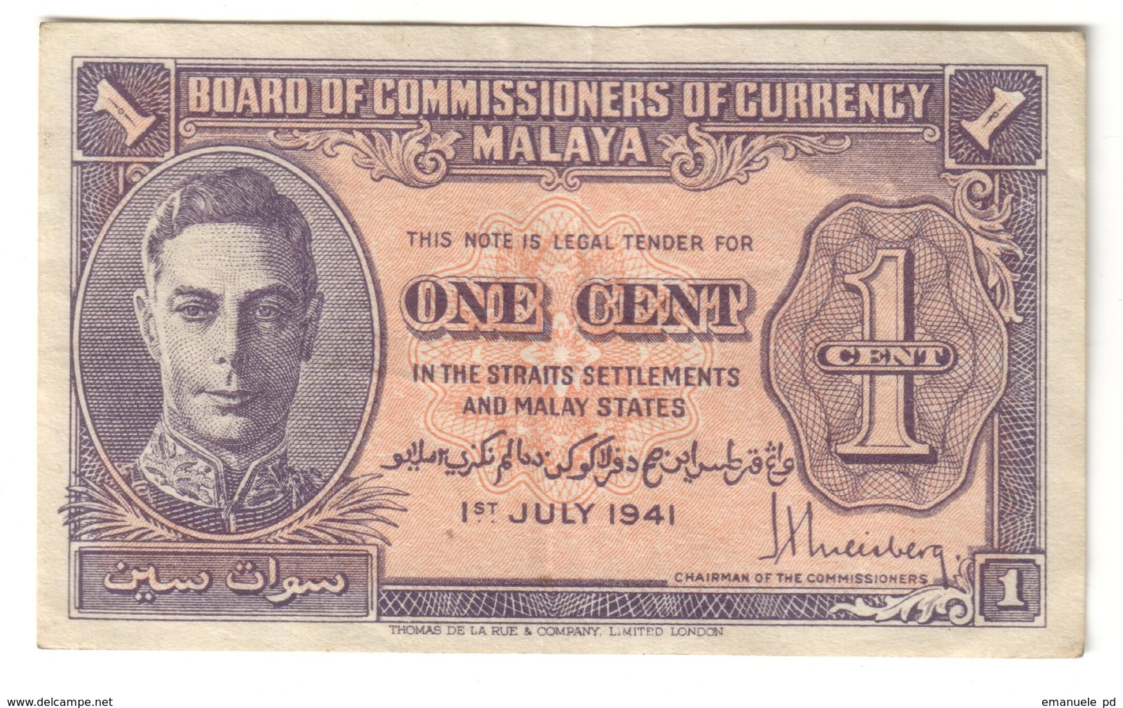 Malaya 1 Cent 1941 .J. - Malesia