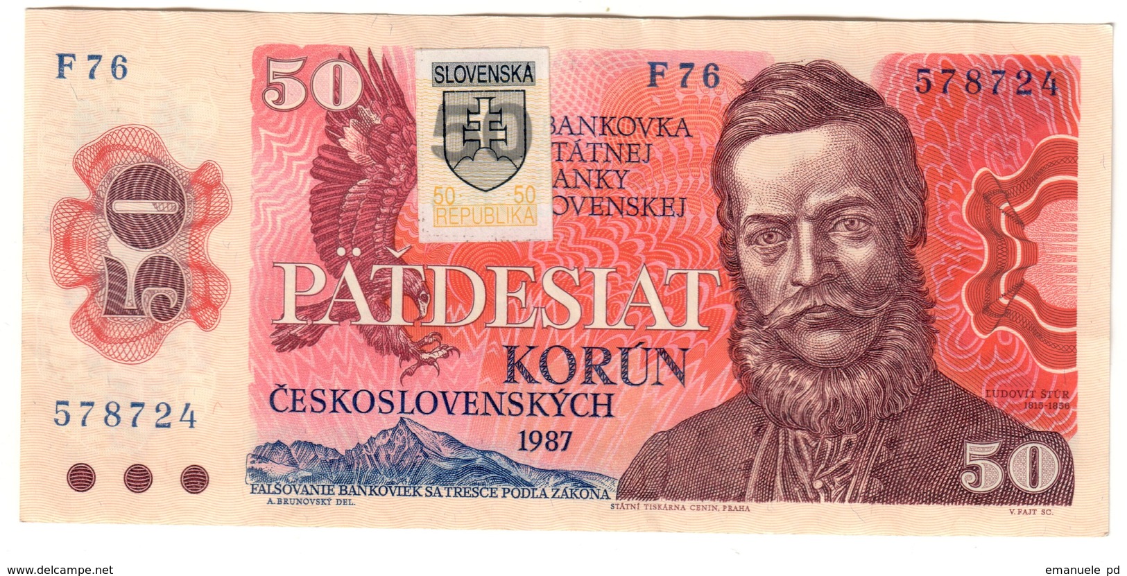 Slovakia 50 Korun 1993 Provisional Issue .J. - Slovacchia