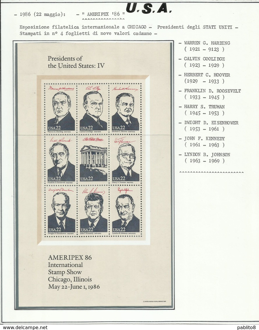 STATI UNITI UNITED STATES 1986 USA AMERIPEX 86 PRESIDENTS PRESIDENTI BLOCK SHEET BLOCCO FOGLIETTO MNH - Blocchi & Foglietti