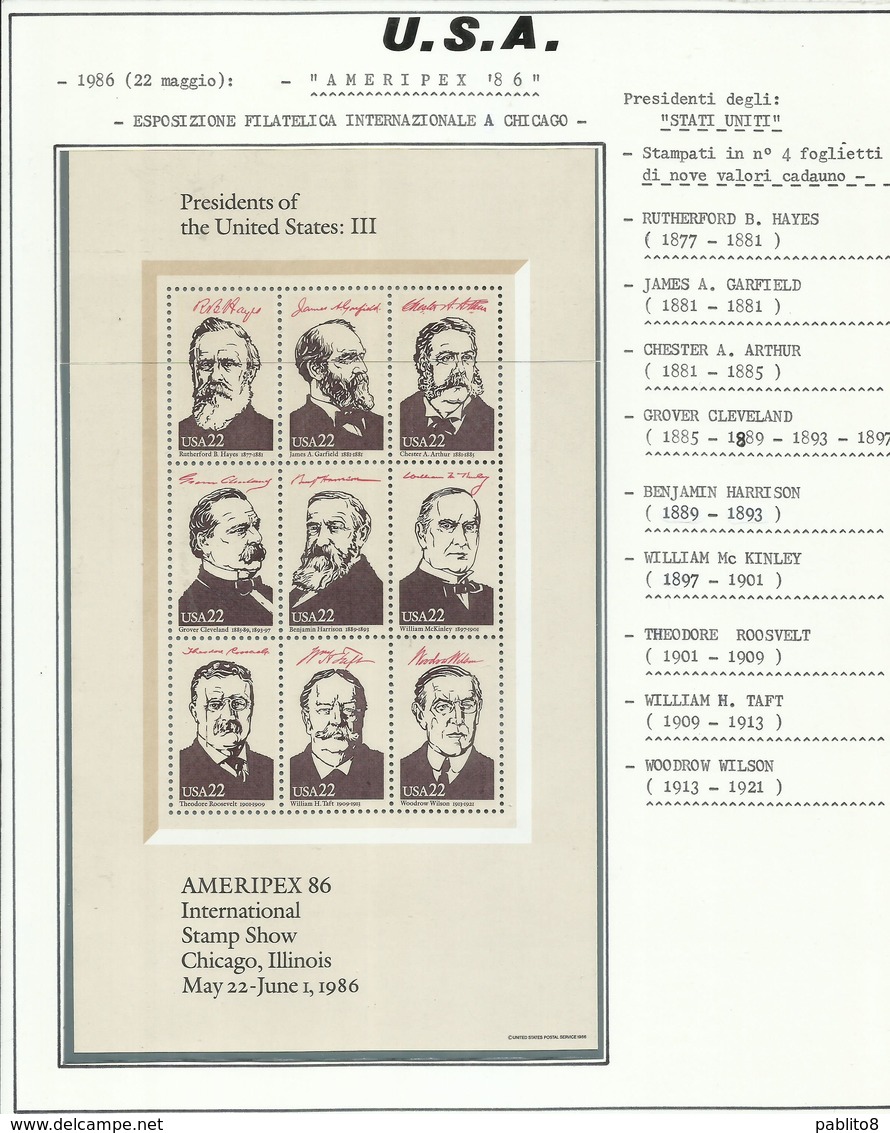 STATI UNITI UNITED STATES 1986 USA AMERIPEX 86 PRESIDENTS PRESIDENTI BLOCK SHEET BLOCCO FOGLIETTO MNH - Blocchi & Foglietti