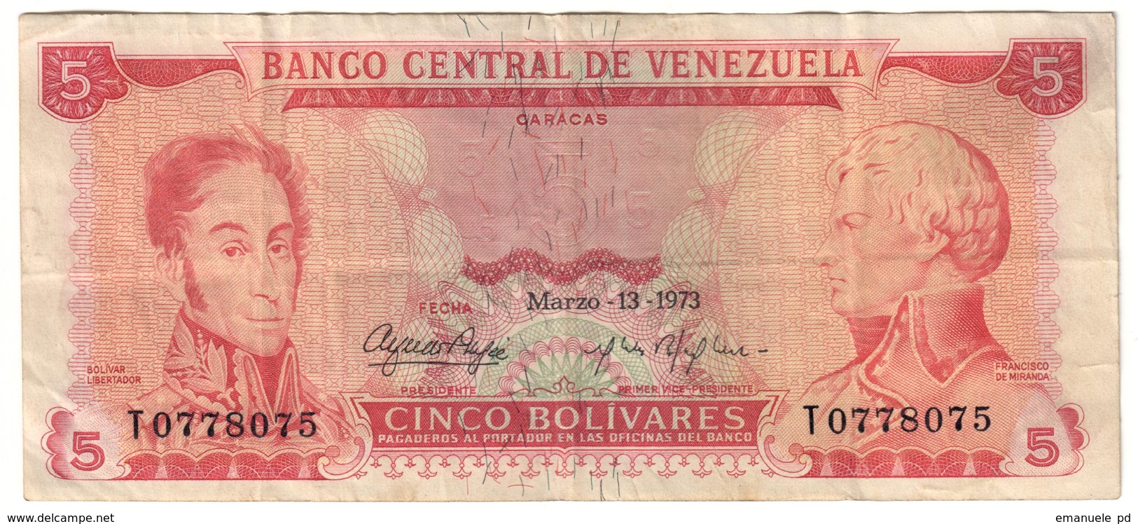 Venezuela 5 Bolivares 13/03/1973 .J. - Venezuela