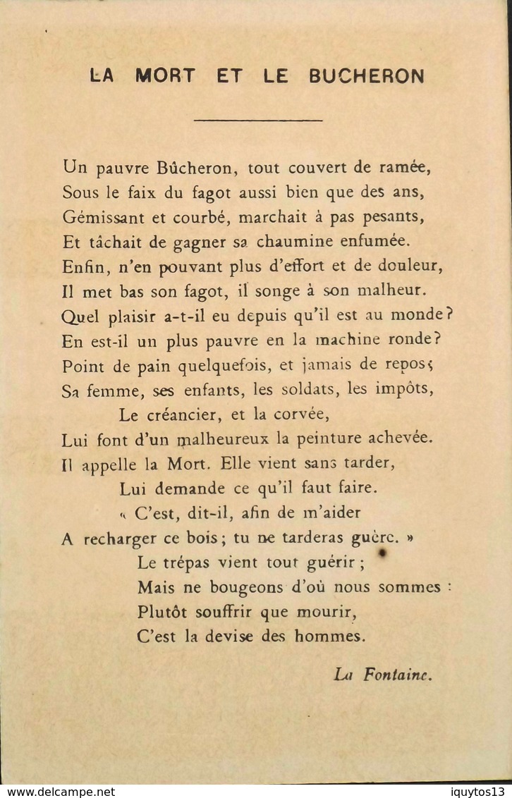 Chromos & Image > Fiches Illustrées Dorées > Animaux > La Mort Et Le Bucheron - Fable De La Fontaine - En TBE - Other & Unclassified