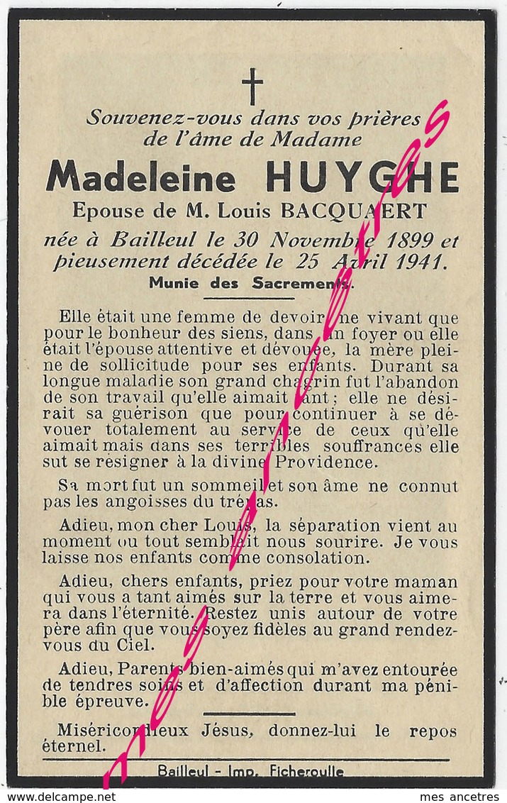 En 1941 Bailleul (59) Madeleine HUYGUE Ep Louis Bacquaert Née En 1899 - Décès