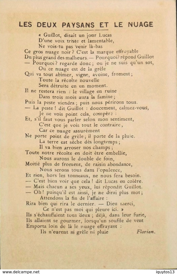 Chromos & Image > Fiches Illustrées Dorées > Animaux > Les 2 Paysans & Le Nuage - Fable De Florian - En TBE - Other & Unclassified