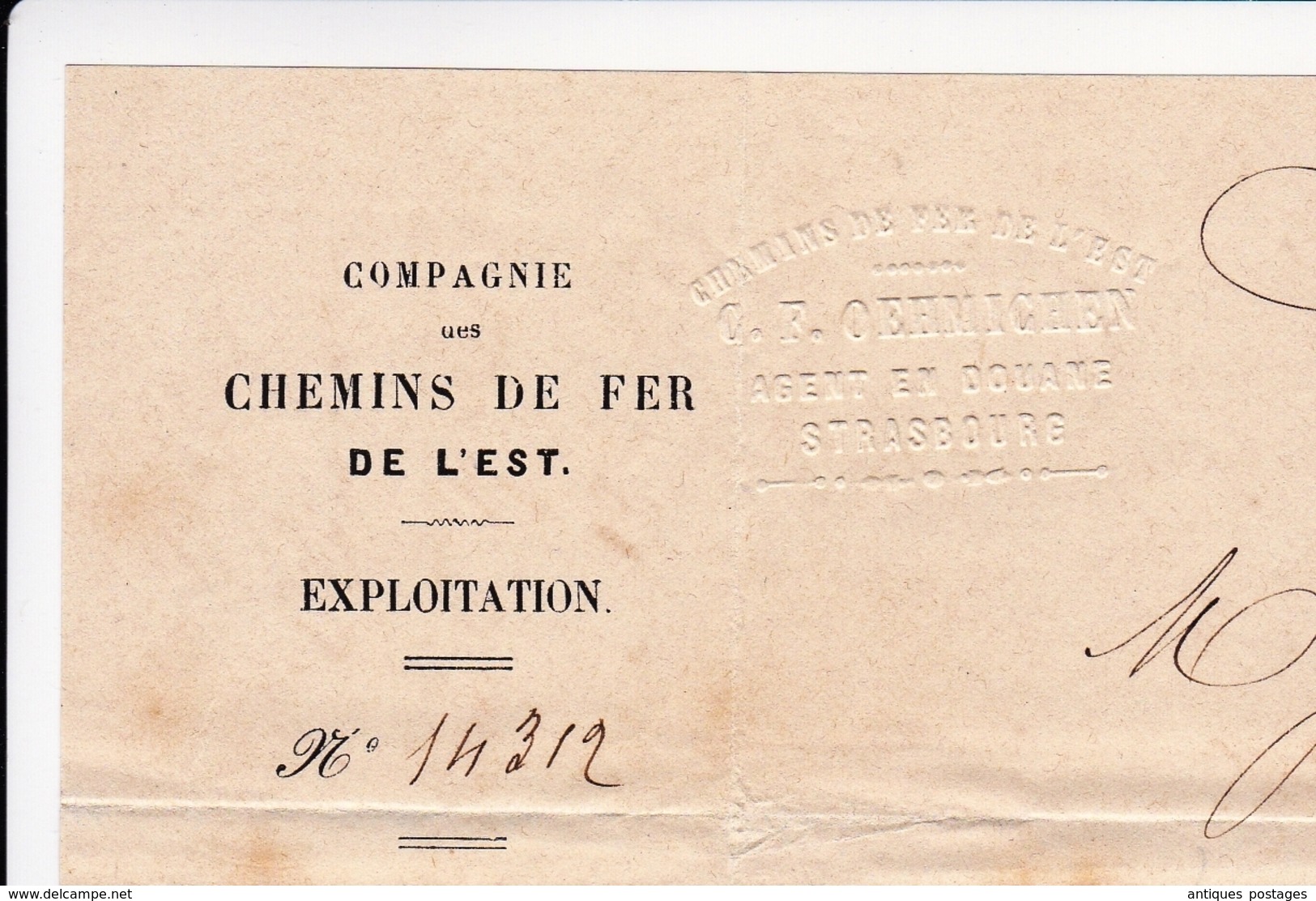 Lettre 1868 Oehmichen Agent de Douane Strasbourg Alsace Chemin de Fer de l'Est Parfumerie Warrick Frères Nice