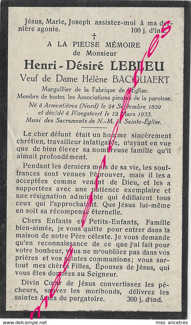 En 1933 Armentières (59) Et Ploegsteert (B) Marguillier  - Henri LEBLEU Ep Hélène BACQUAERT Né En 1859 - Décès