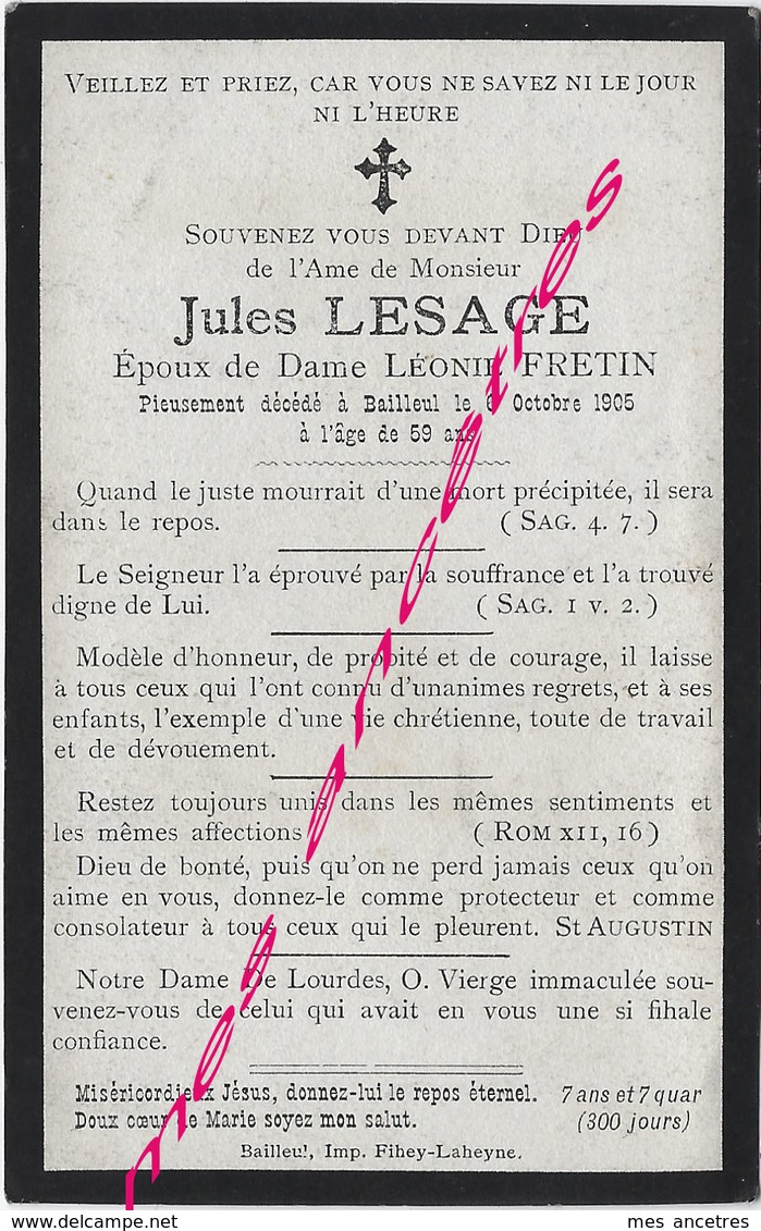 En 1905 Bailleul (59) Jules LESAGE Ep Léonie FRETIN 59 Ans - Todesanzeige