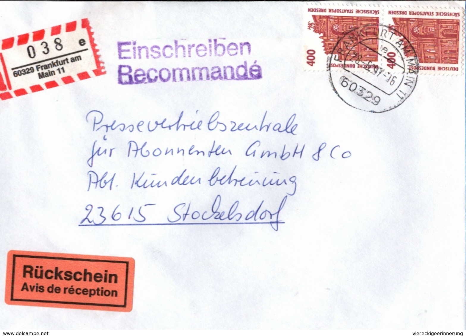 ! 3 Einschreiben Dabei 2x Mit Rückschein 1994-97 Mit R-Zettel  Aus Frankfurt Am Main, 65929, 60239, 60594 - R- & V- Labels