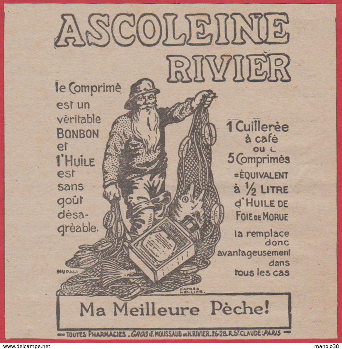 Ascoleine Rivier. Ma Meilleure Pêche. Comprimé à L'huile De Morue. 1916. - Publicidad